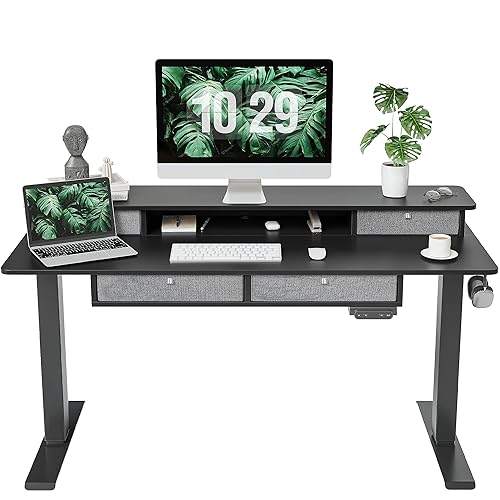 FEZIBO Sturdy Height Adjustable Electric Standing Desk with Drawers, 55 x 24 Inch Stand Up Table with Large Storage Shelf, Sit Stand Desk, Black Top - 55 inch - Black