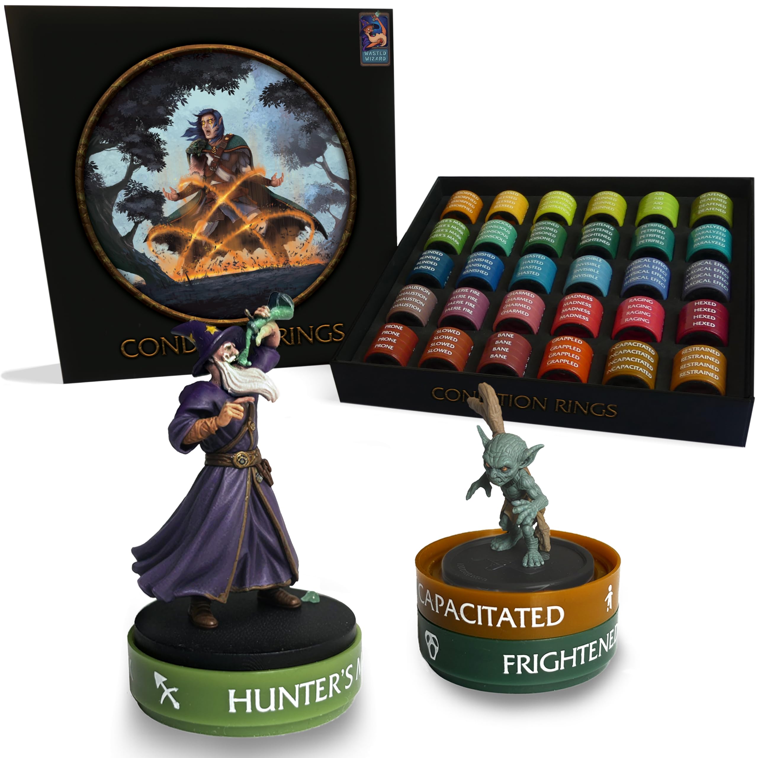 WASTED WIZARD Stackable DND Condition Rings. 120 Pieces Divided by 30 Different statuses and Spells. These D&D Accessories are Compatible with Pathfinder and Dungeons and Dragons Miniatures.