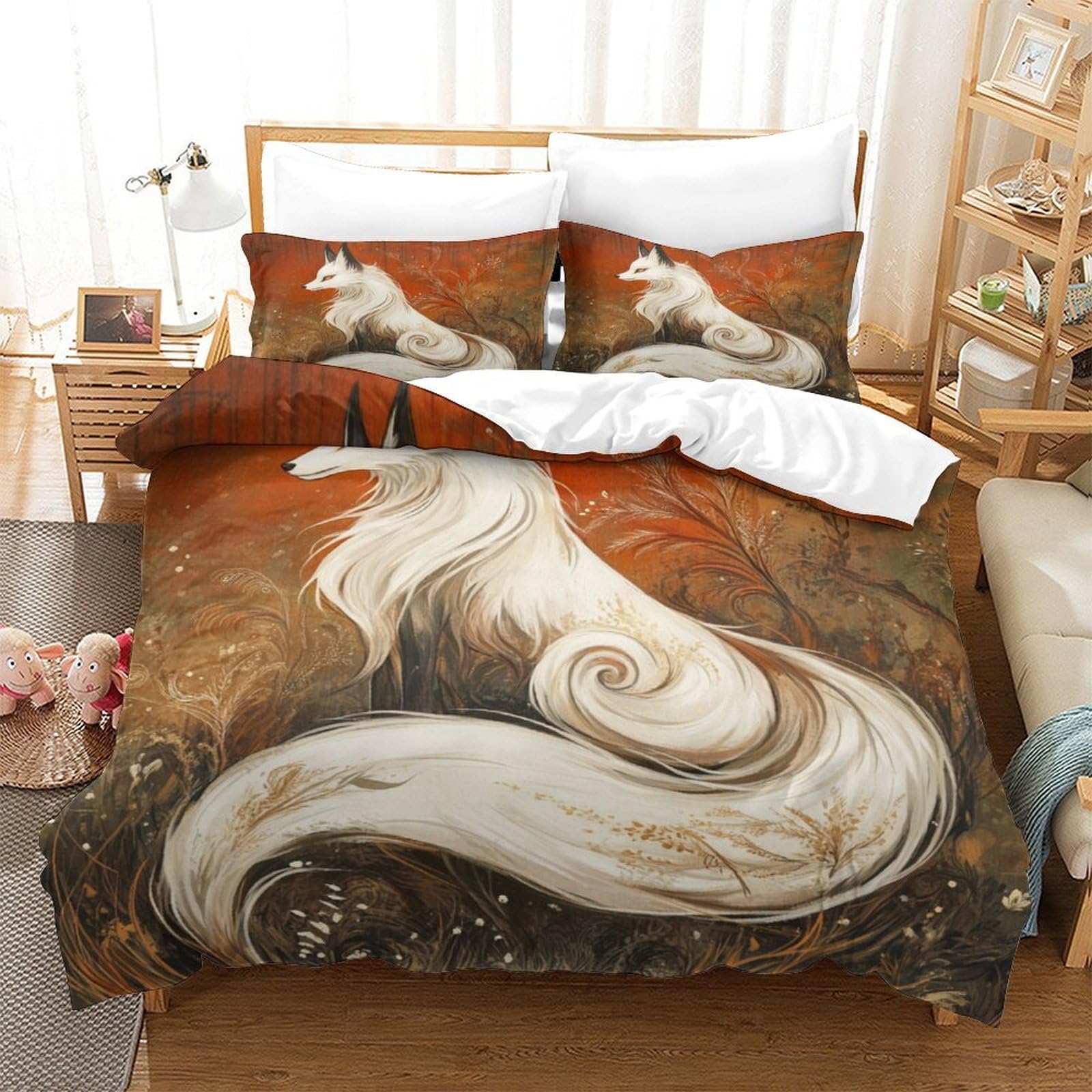SkyClouf Fox Three-dimensional Printing Bedding Bedding Ensemble Fox Quilt Cover Ultra-fine Fiber Zipper Closure with Pillowcases Gentle And Washable Super King（260x220cm）