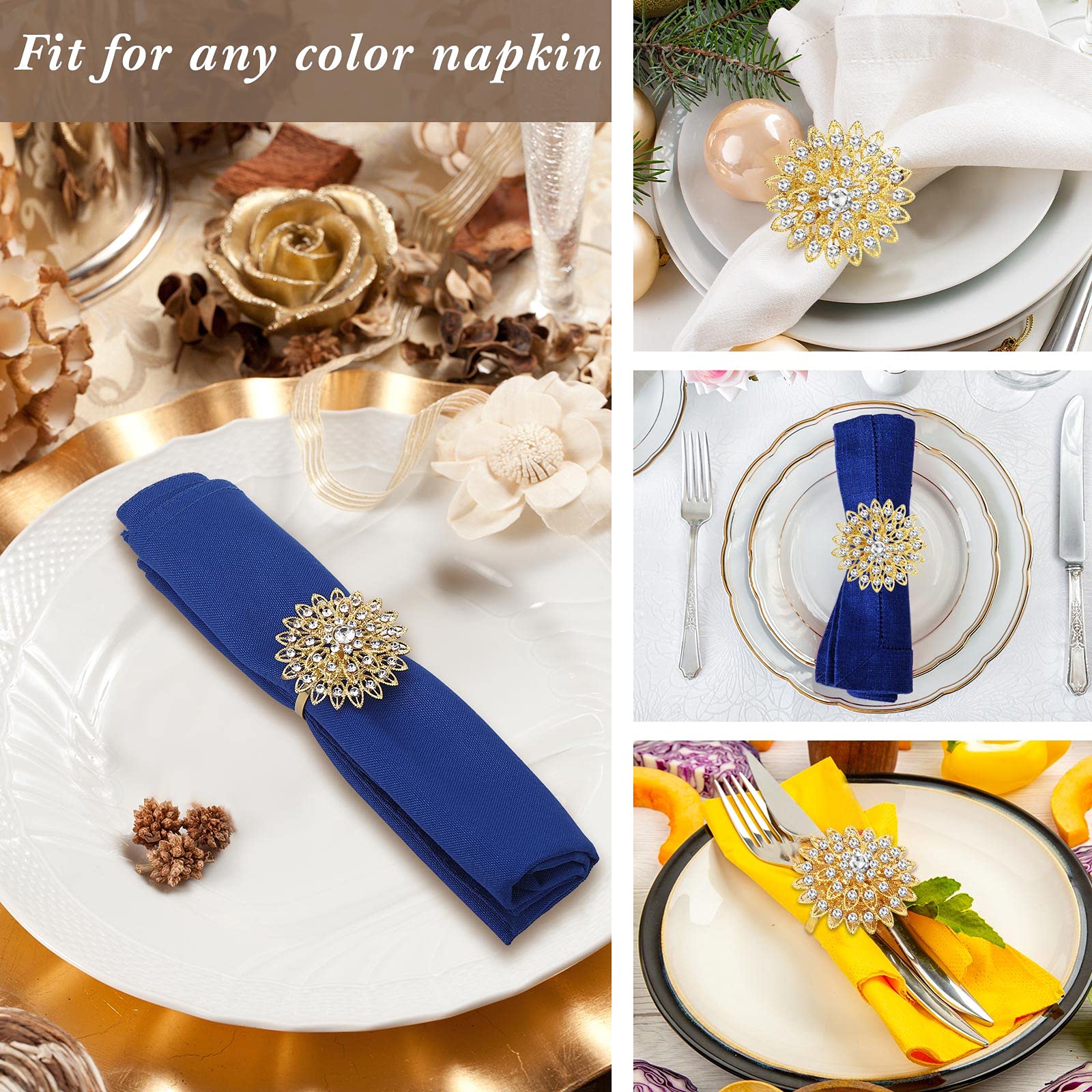 Geiserailie Lot de 150 ronds de serviette en alliage avec motif floral et strass brillants pour mariage, Thanksgiving, anniversaire, dîner, fête, décoration de la maison