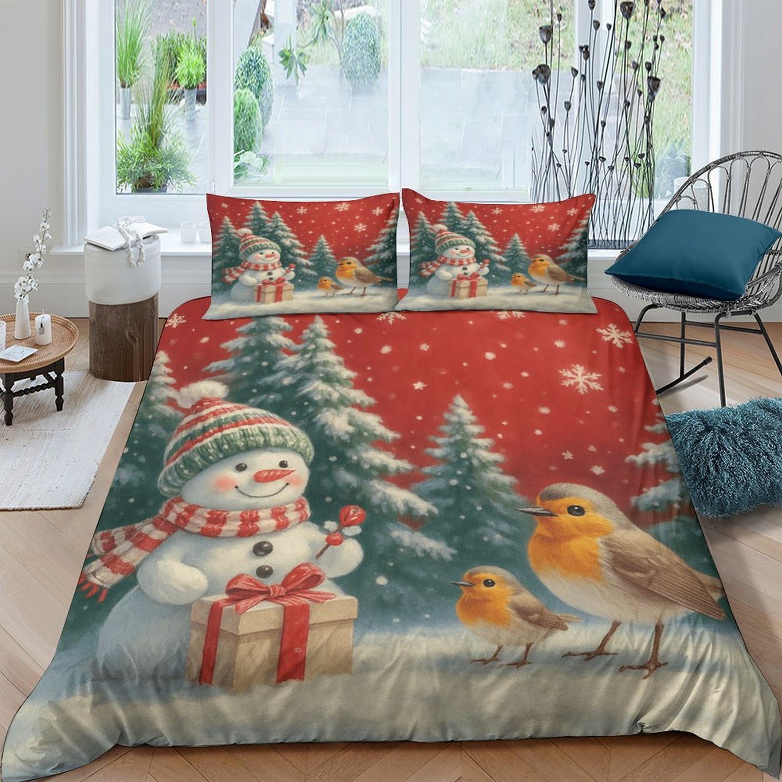 Ctjqhvkz Style-1 3D Printed Snowman Christmas Fitted Sheet Microfiber Red Winter Bird Bed Cover For Bedroom Guest Room Mattress Protection Single（135X200cm）
