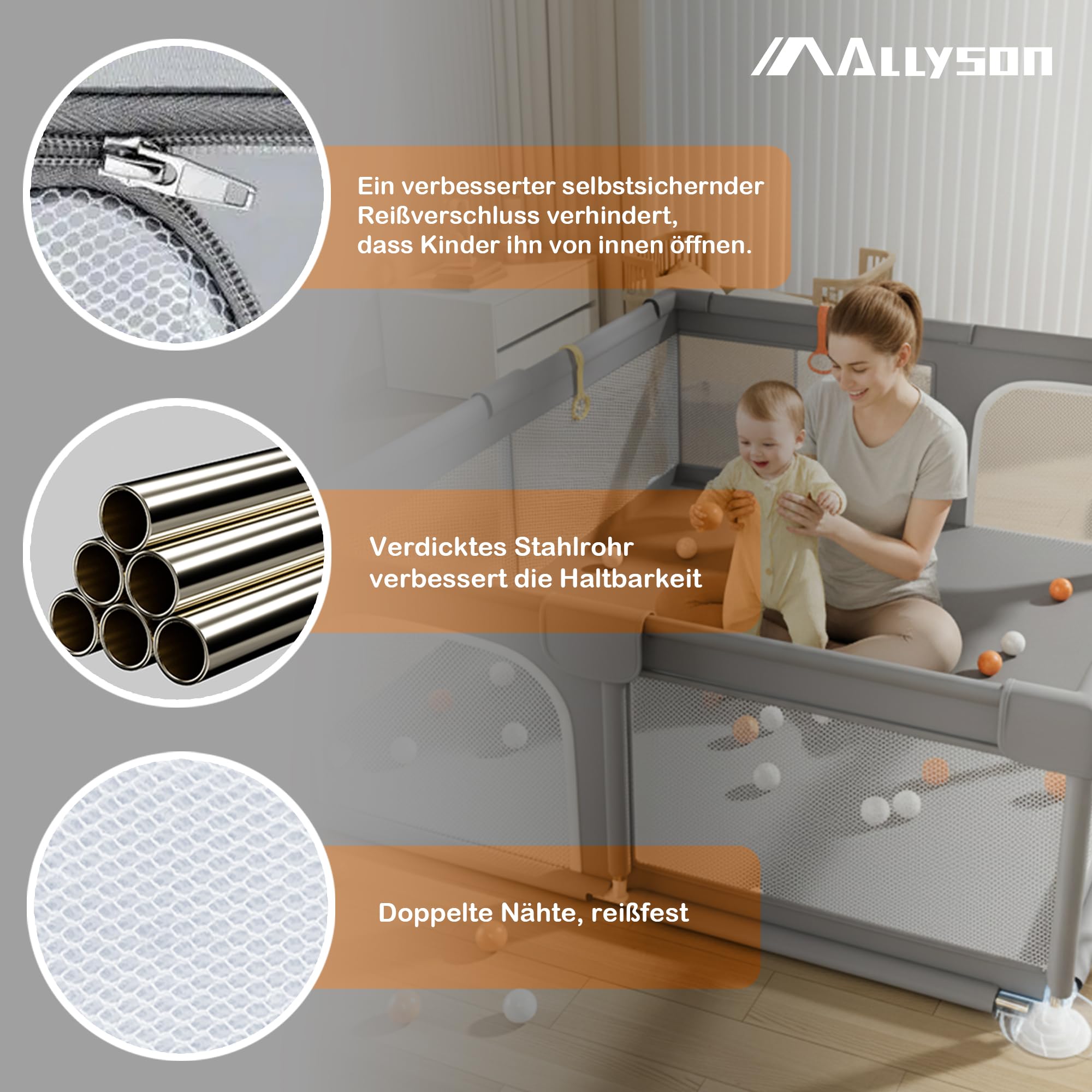 Allyson® Laufstall Baby mit Matte 130x130 cm, Großes Faltbares Laufgitter & Playpen sicher & stabil, Kleinkinder Kinderlaufstall Indoor & Outdoor, Spielgitter Zaun, tragbarer klappbar - Grau