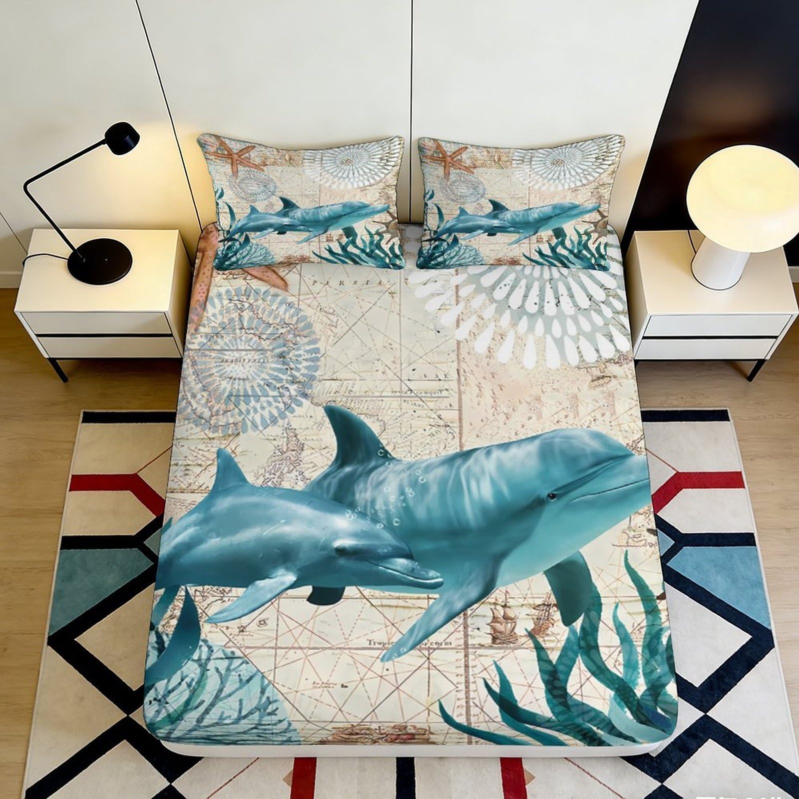 3D Printed Ocean Dolphin Fitted Sheet Microfiber Soft Breathable Nautical Map Bed Cover for Bedroom Dorm Mattress Decor 160x200x25cm