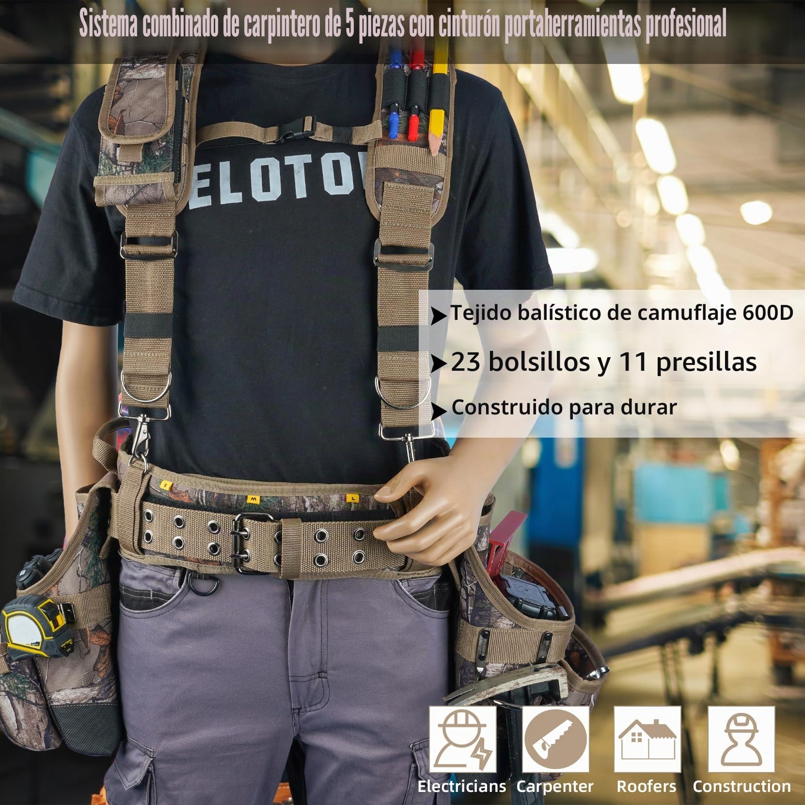 MELOTOUGH - Cinturón de herramientas con camuflaje y tirantes Bolso de herramientas con camuflaje y tirantes Combinación de peine, delantal, cinturón de herramientas, bolsa de herramientas para