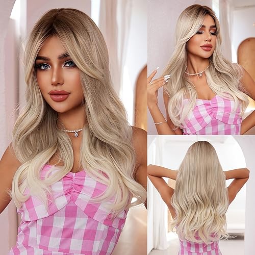 Peluca rubia con flequillo rubio platino para mujer, peluca larga rubia para mujer, pelucas rubias degradadas con raíces oscuras, cabello natural 1