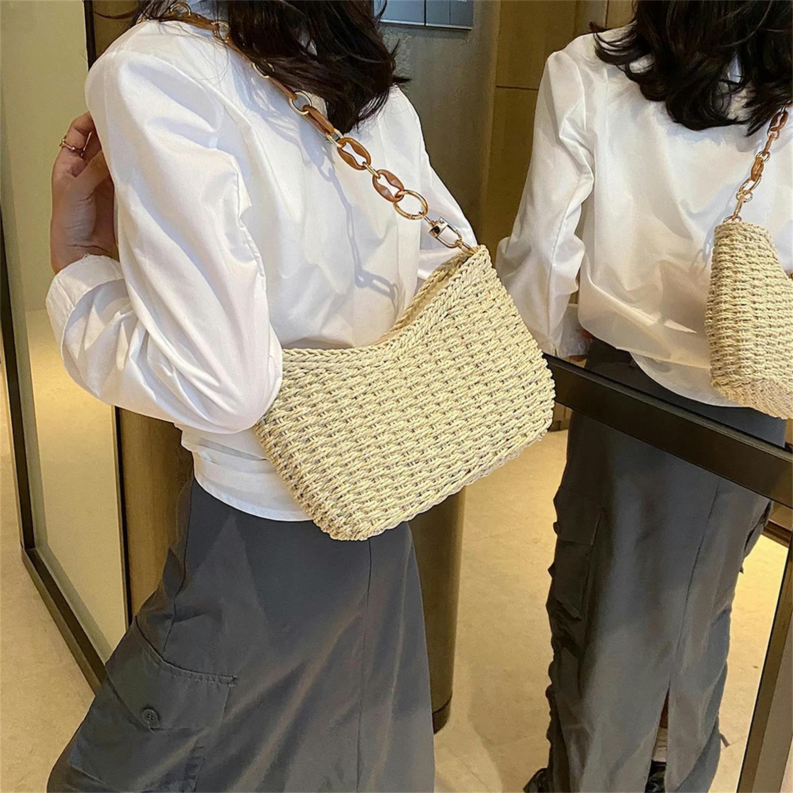 Strohtasche Strohhalm Für Frauen Gewebter Strandtasche Für Sommer Geldbeutel Casual Rattan Female Occine -tasche-beige