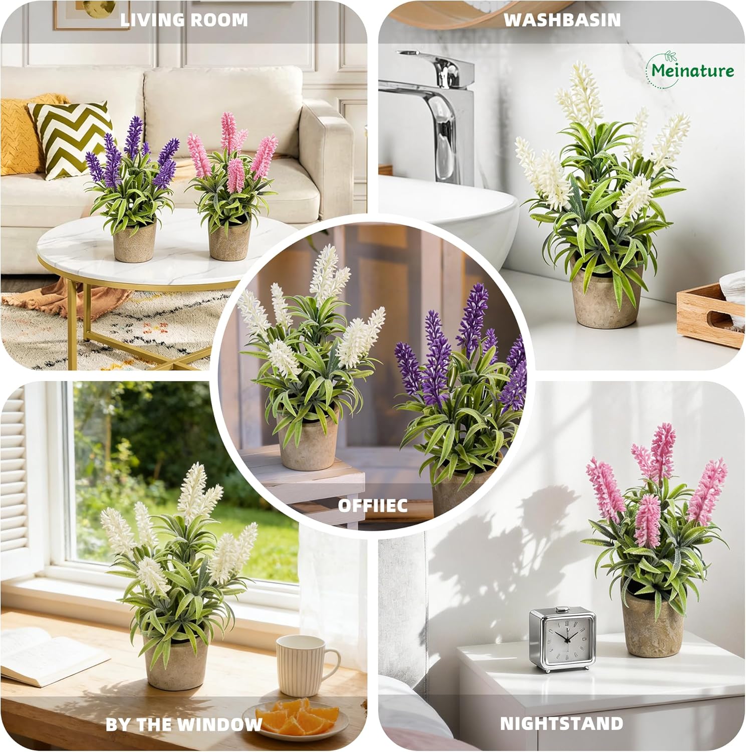 3 Colors Artificial Lavender Flowers Potted, Mini Fake Lavender Greenery, Indoor Fake Floral Decor for Home Office Desk Table Decoration