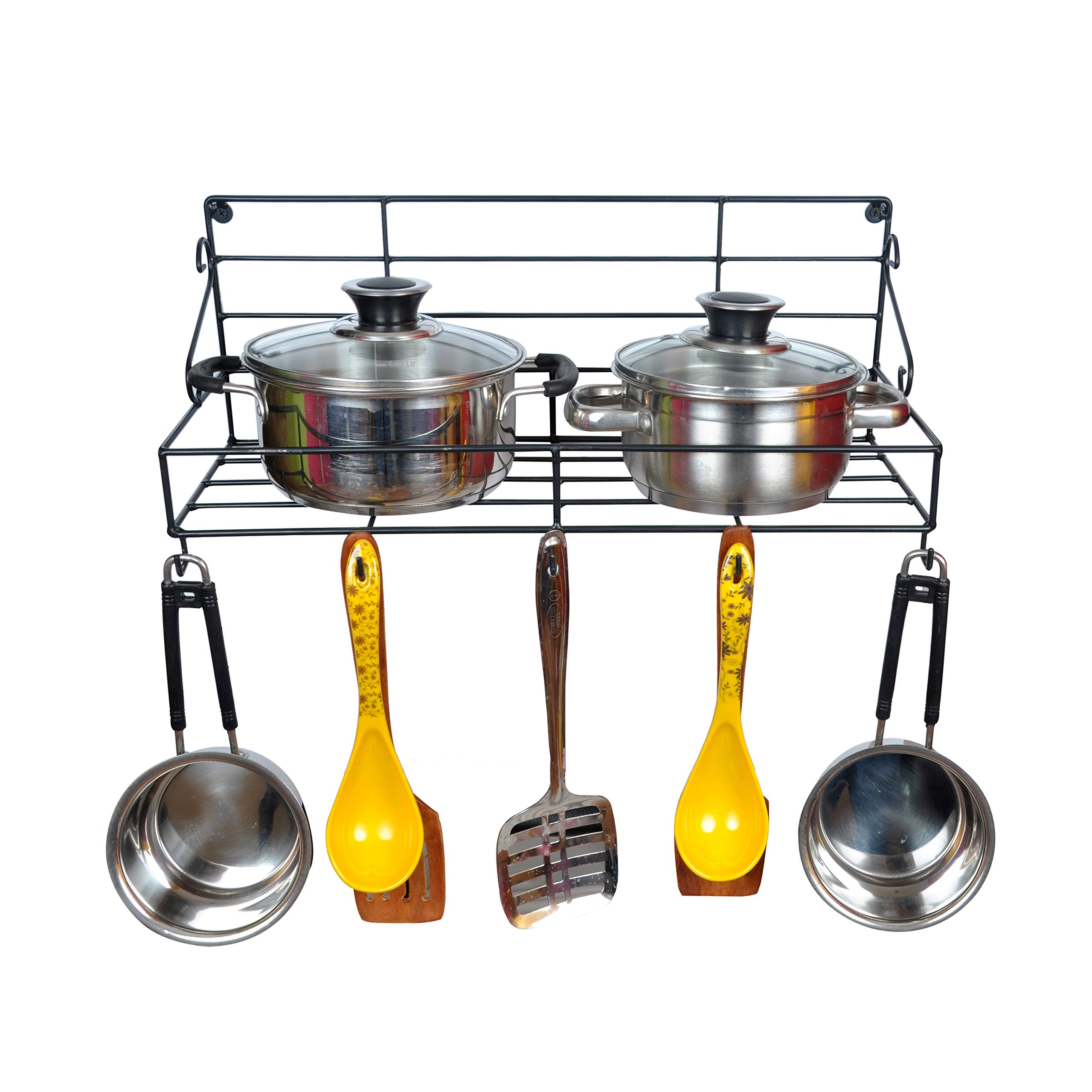 D&V Engineering Wall Mounted Kitchen Rack | Heavy Duty Metal Hanging Shelf Storage Organizer for Pots, Pans & Utensils | Holds Up to 20 kg | Simple Installation | Black 1
