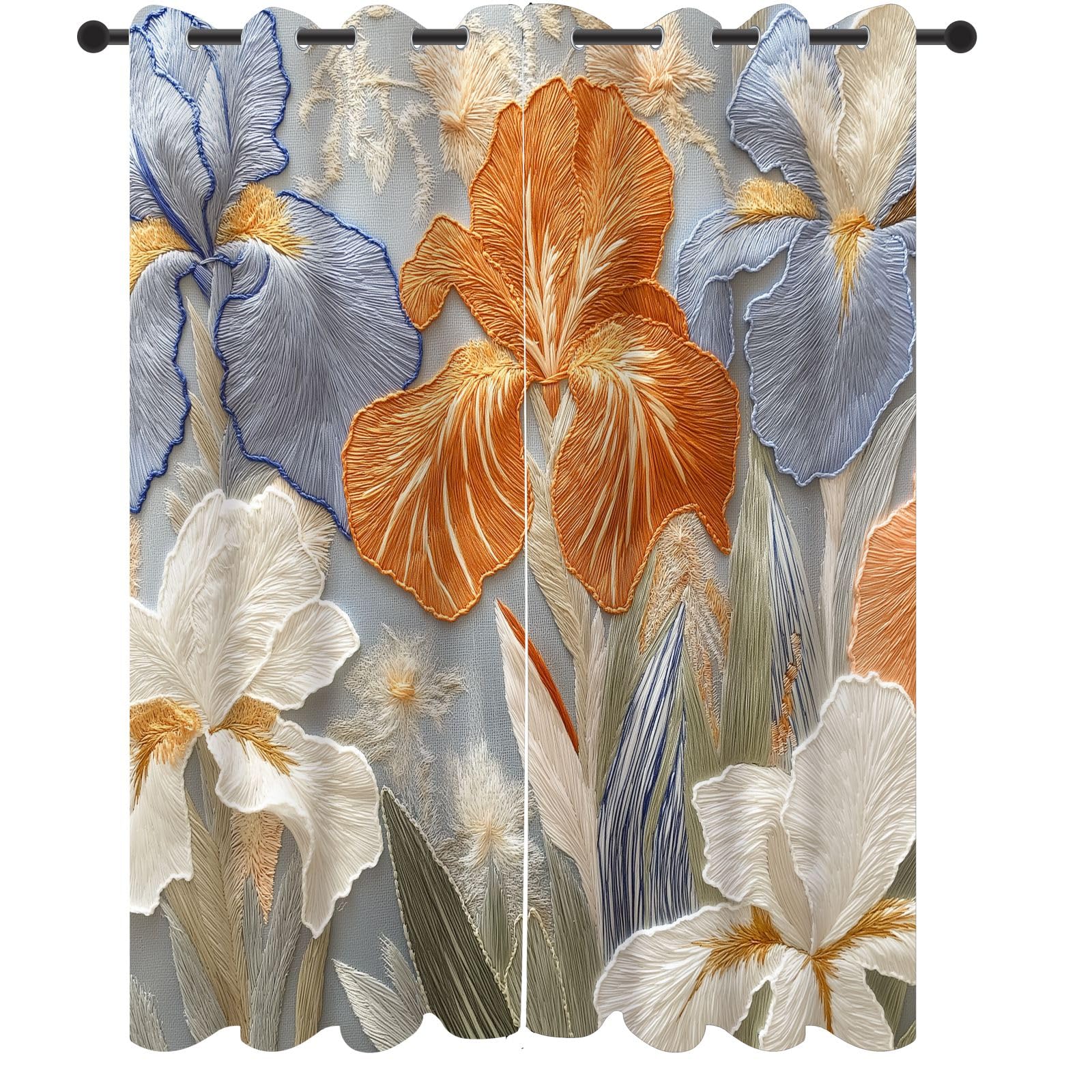 Simulation Stickerei Iris Gardinen mit Ösen Blickdicht | Elegant Blumenmuster Thermovorhang Kälteschutz Schallschutz, Schwertlilie Verdunklungsgardine 2er Set 240x132 Schlafzimmer
