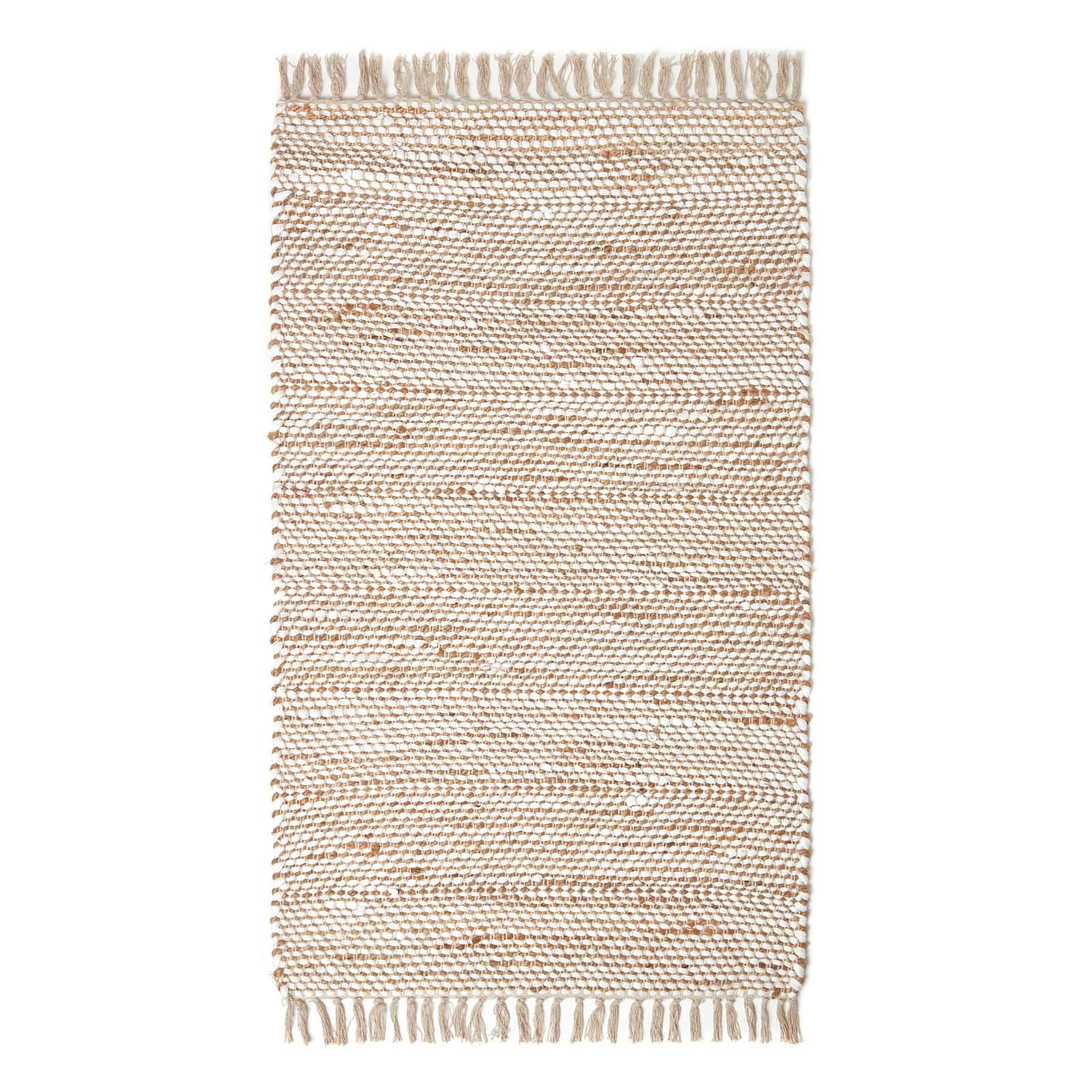 HOMESCAPES - Tapis Chindi en Chanvre à Motif Chevron Beige et Blanc, Fabrication Artisanale - Horizon - 120 x 170 cm