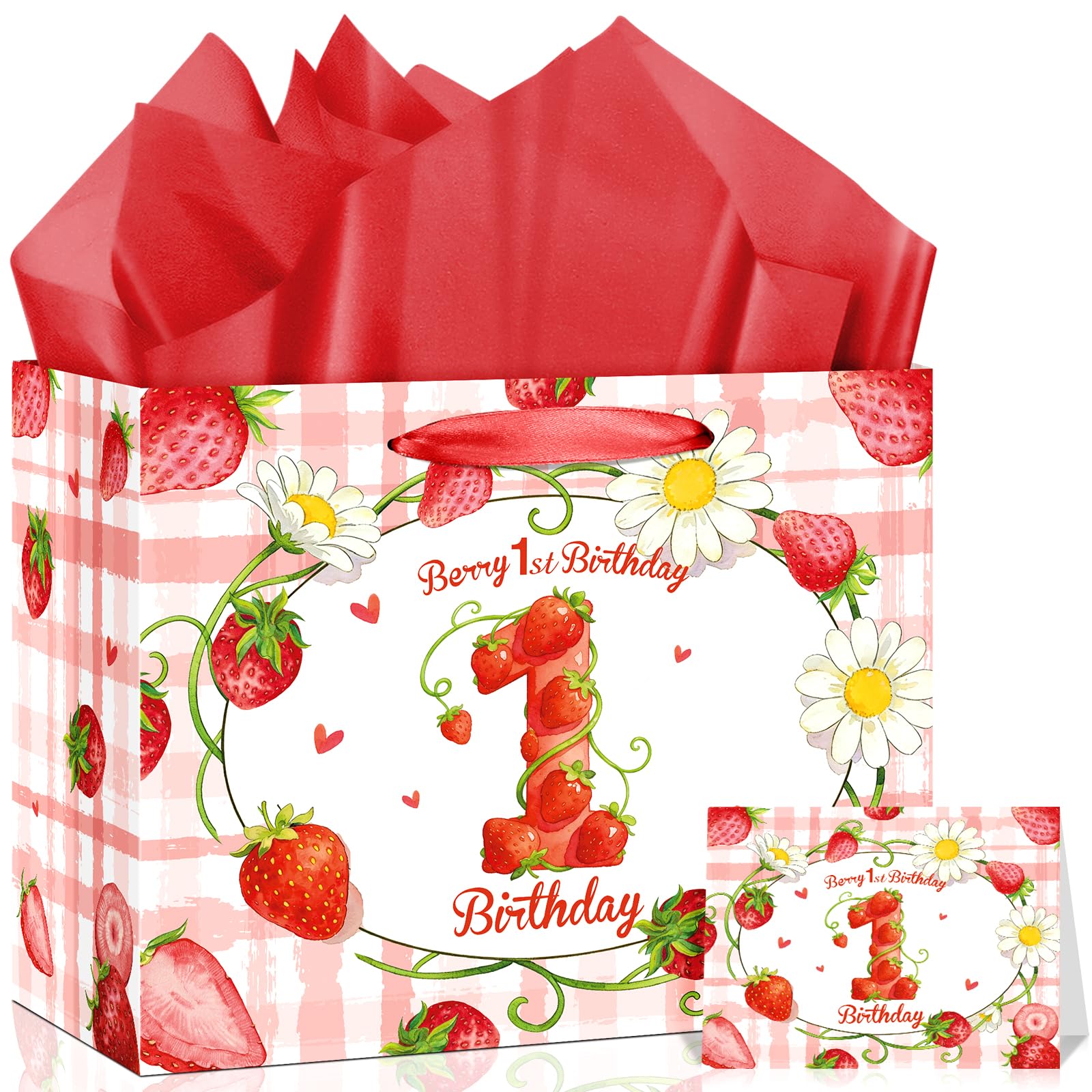 Strawberry 1st Birthday Gift Bag with Card & Wrapping Papers,Sweet Berry First Birthday Party Decorations for Baby Shower,Gift,Goodie Treat Bag Picnic Candy Cookies Snacks