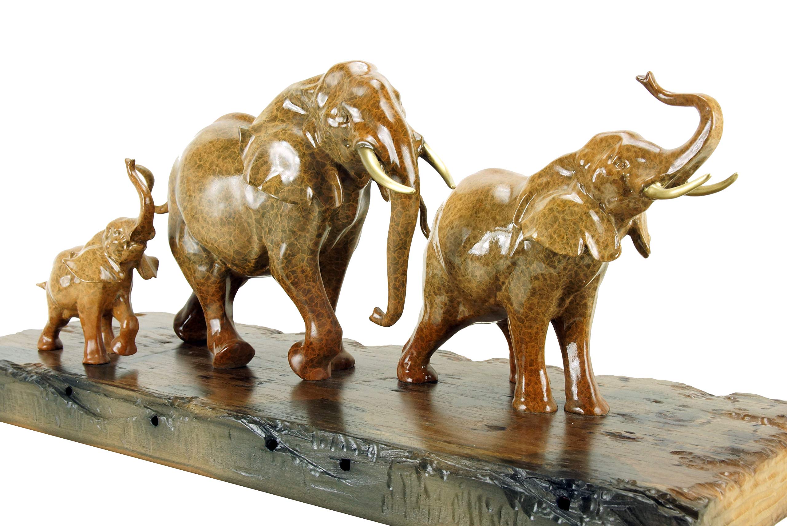 Kunst & Ambiente - Familia de Elefantes en Bronce sobre Tabla de Barcos - Escultura Animal de Milo - Figura Decorativa de Elefante - Ancho 90 cm - Base de Madera