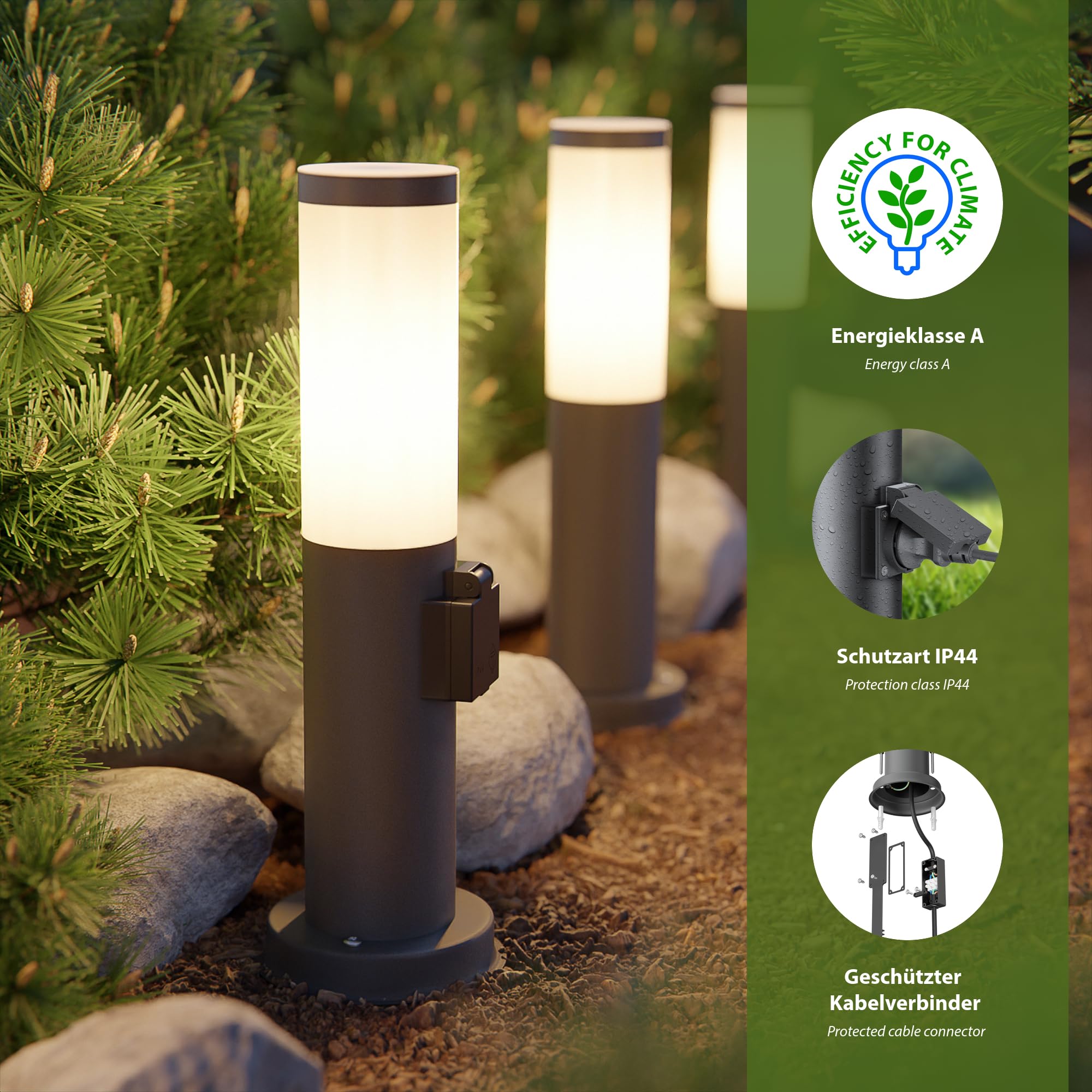 ledscom.de 2 bornes lumineuses PORU avec prise de courant pour l'extérieur, anthracite, 39 cm, ampoule E27 incluse, classe d'efficacité énergétique A (blanc chaud, 4 W, 935 lm)