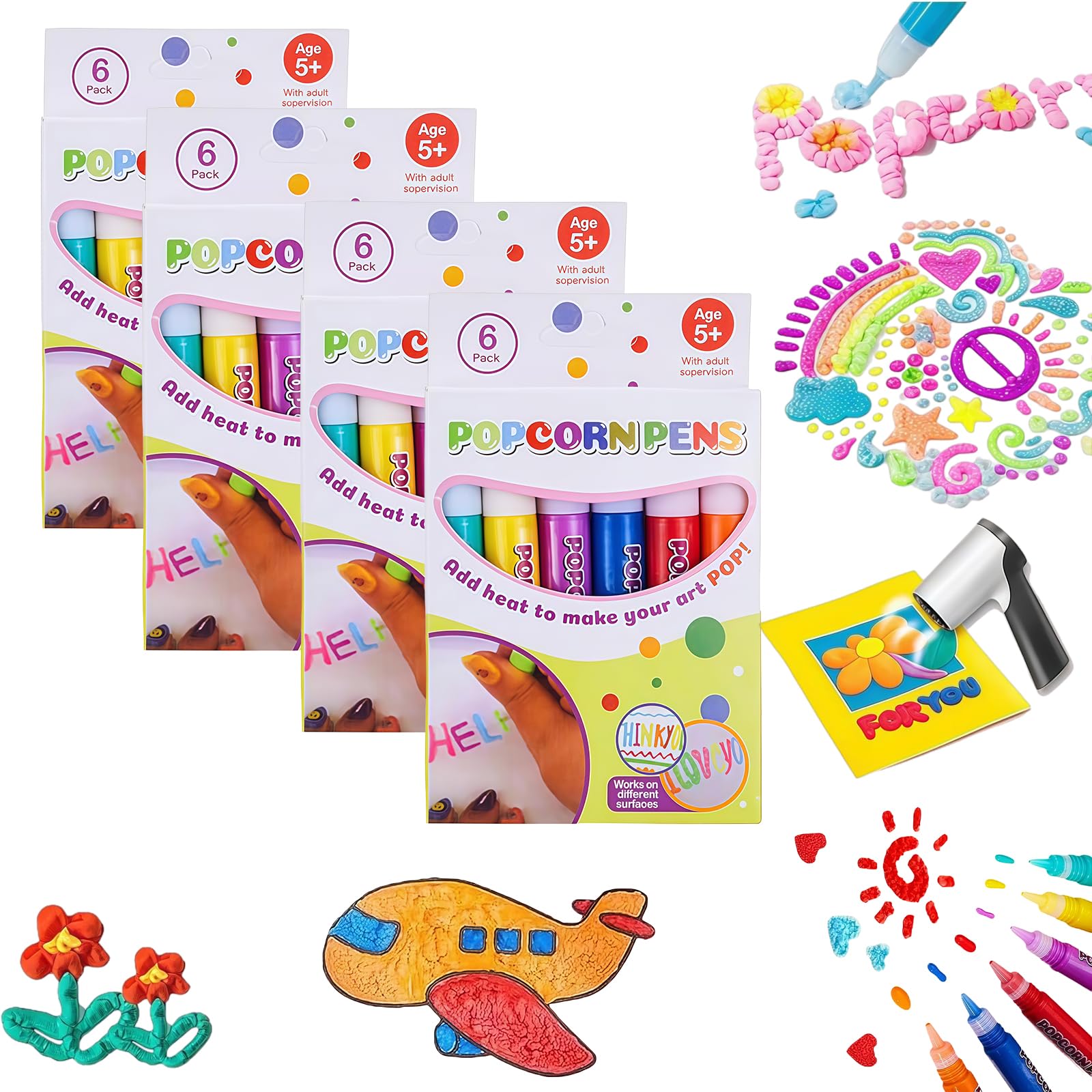24 PCS Popcorn Pens for Kids, 6 Colours, Heat Activated 3D Puffy Pens