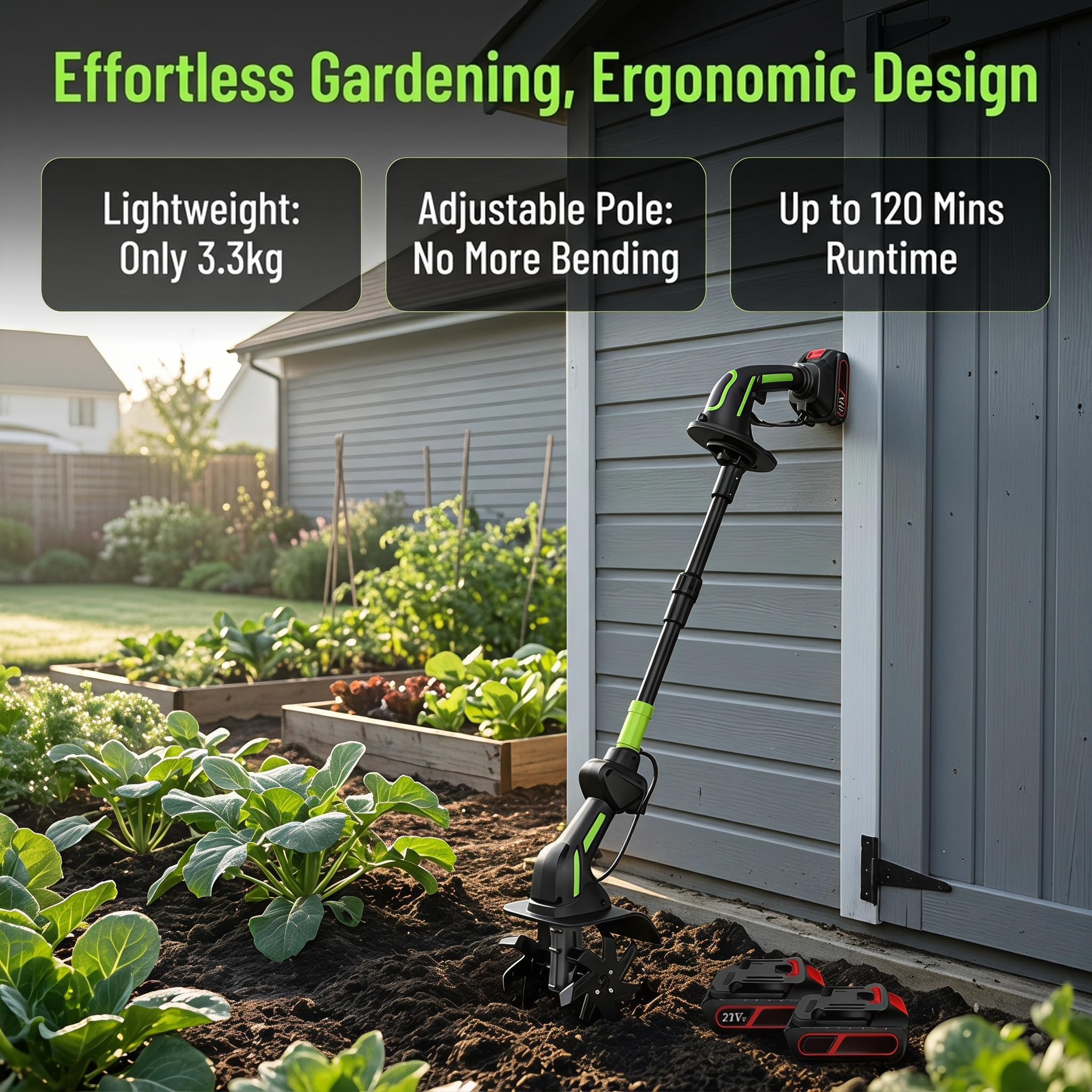 Motoculteur Et Cultivateur De Jardin sans Fil 2 en 1 Léger, Outil De Bêchage électrique à Batterie avec Rallonge pour Désherbage Et Tranchées Faciles