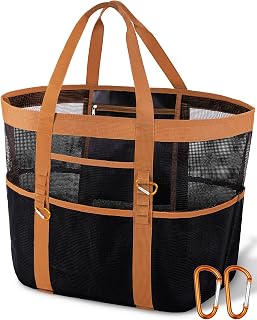 Chic & Spacious XX-Large Beach Bag for Women – 12 Pockets, Waterproof Mesh, Foldable, Includes 2 Carabiners