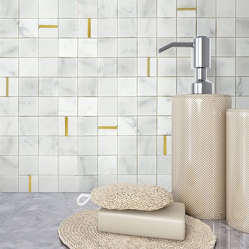 Miniatura 5 de The Tiles Plaza Azulejo de mosaico de piedra para despegar y pegar Mármol blanco de Carrara con azulejos autoadhesivos de metal dorado azulejos
