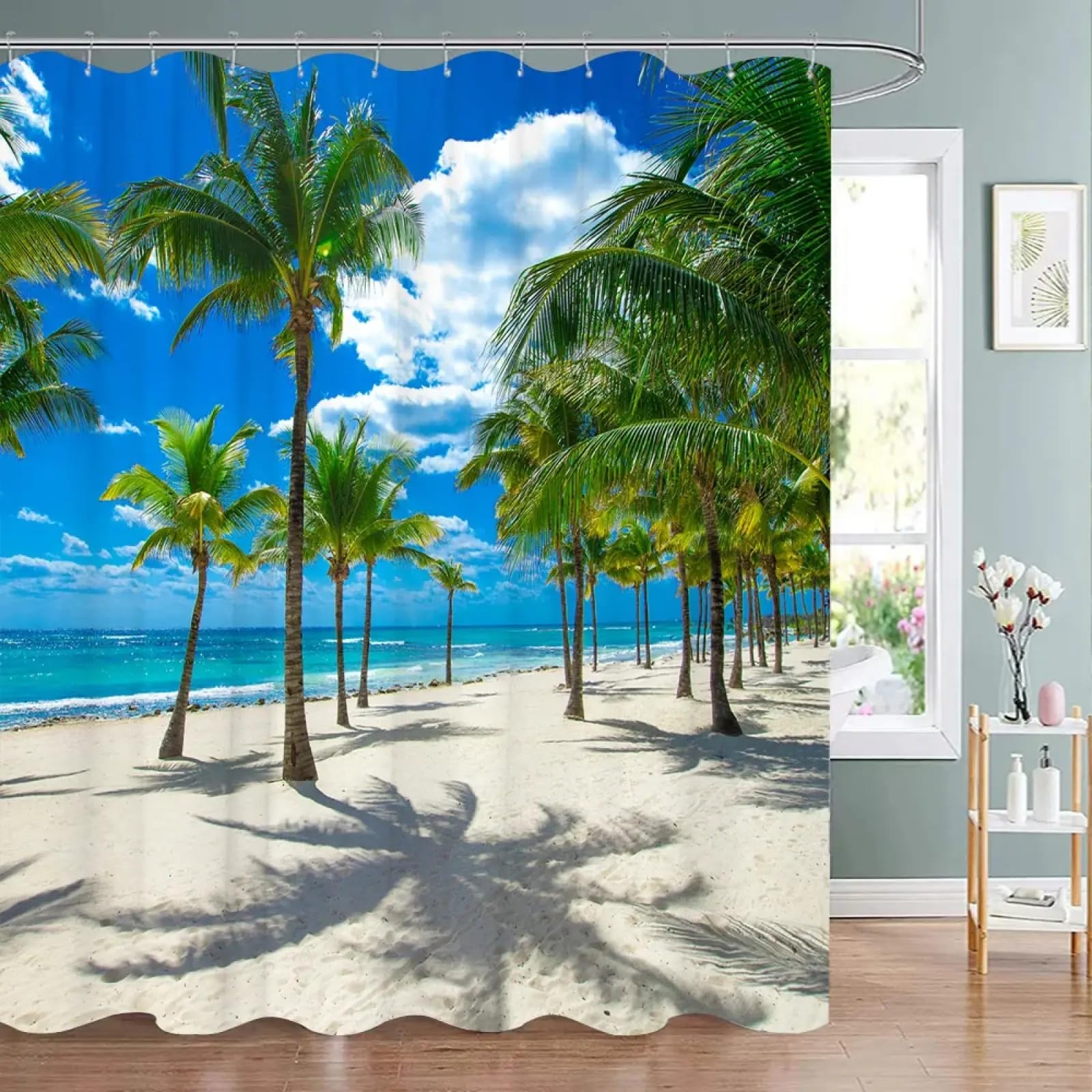 Rideau de douche ocean hawai en tissu imperméable avec motif palmier