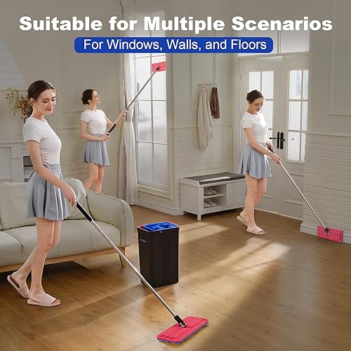 Miniatura 7 de JOYMOOP Trapeador y cubo con juego de escurridor, trapeador de piso plano manos libres y cubo, con 4 almohadillas de microfibra lavables, uso húmedo