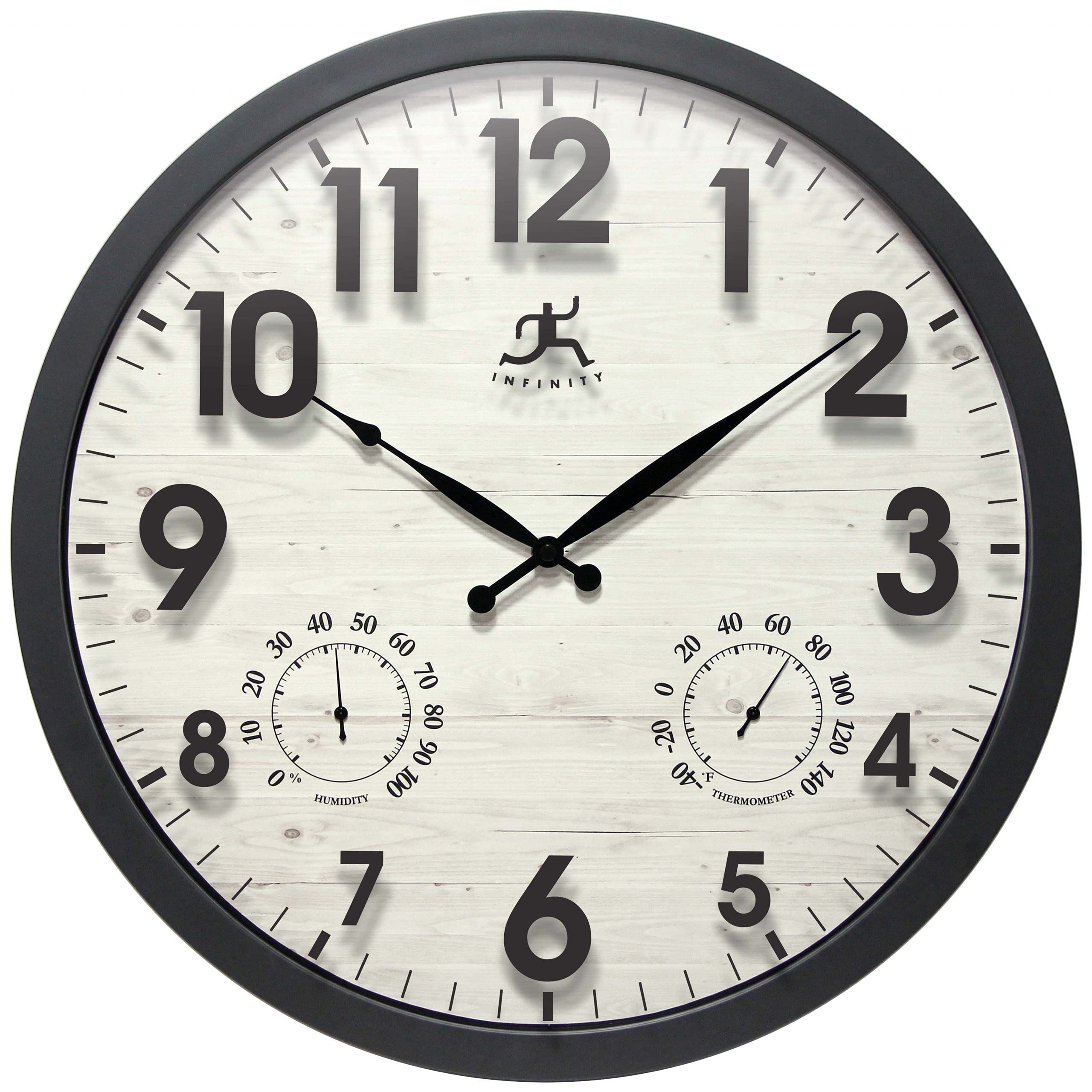 Concordia - Orologio da parete impermeabile per interni ed esterni, con igrometro e termometro integrati, quadrante in legno chiaro con cornice nera, funzionamento silenzioso a batteria, orologio