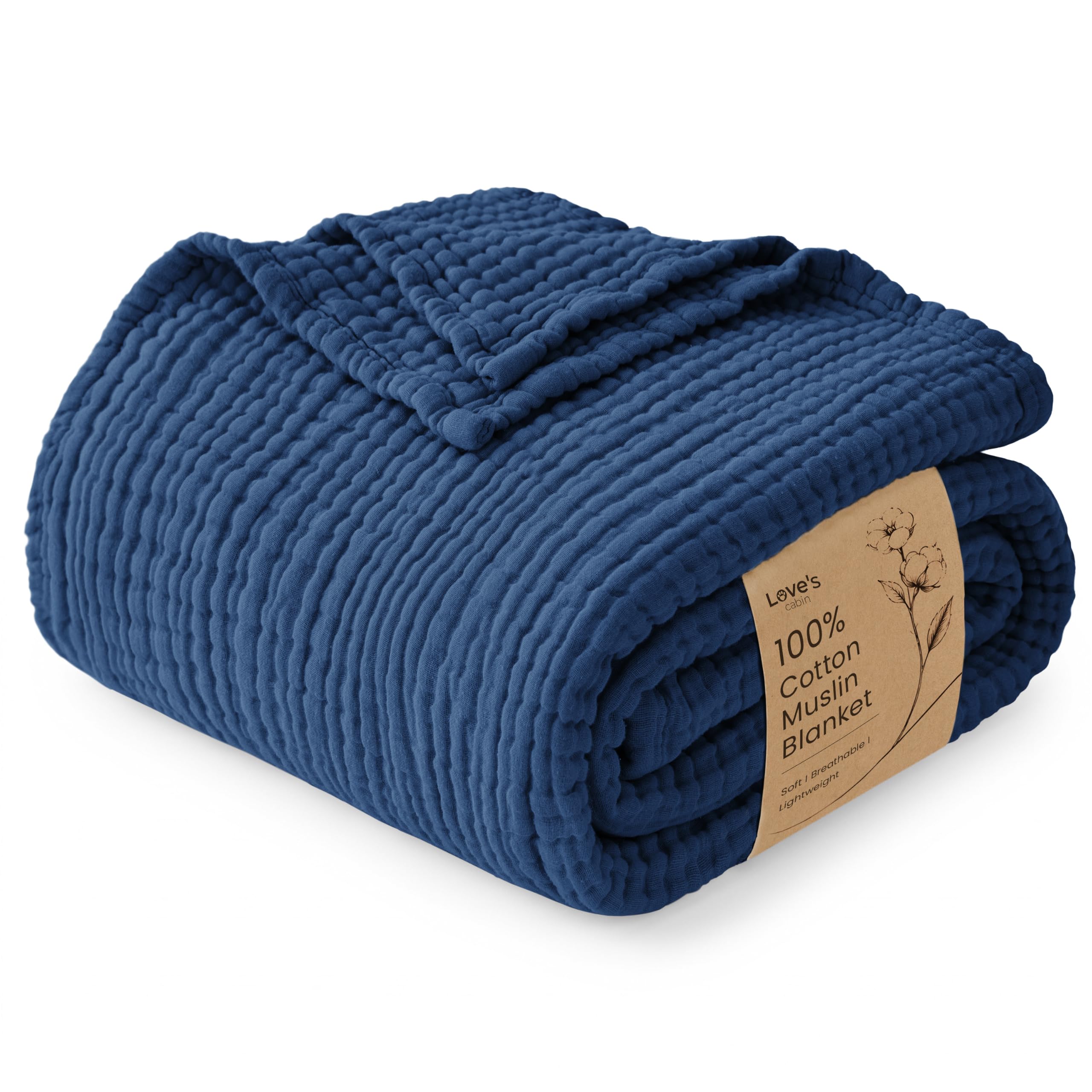 Love's cabin 100% Cotton Muslin Blanket, 6 Layer Lightweight Breathable Gauze Throw Blanket 50 x 60 Inches, Soft All Season Blanket for Couch, Bed, Sofa, Dark Blue