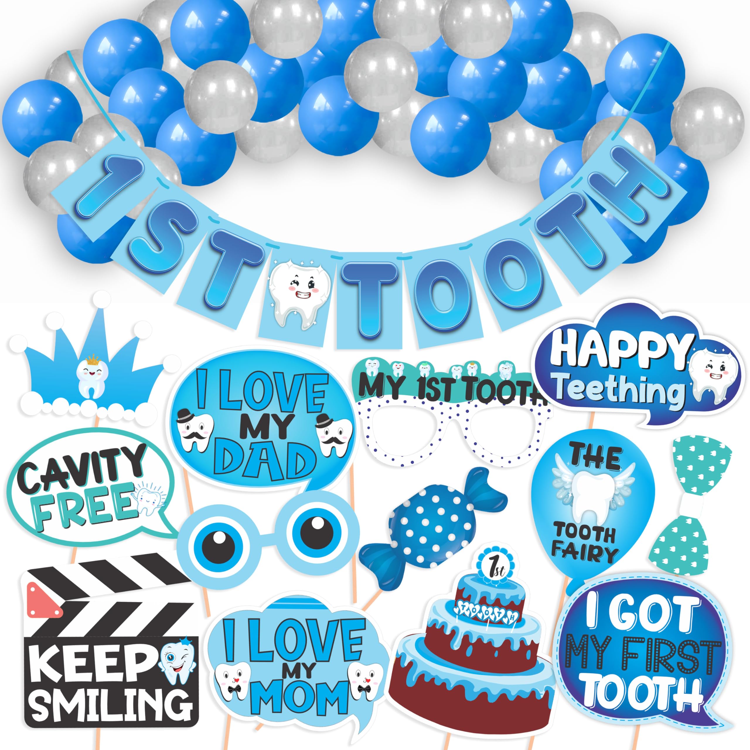 WOBBOX First Tooth Blue 13 Pcs Party Props with 1st Tooth Bunting Banner, Blue Colour Gredient with Stylish Font & Balloons, First Tooth Decoration