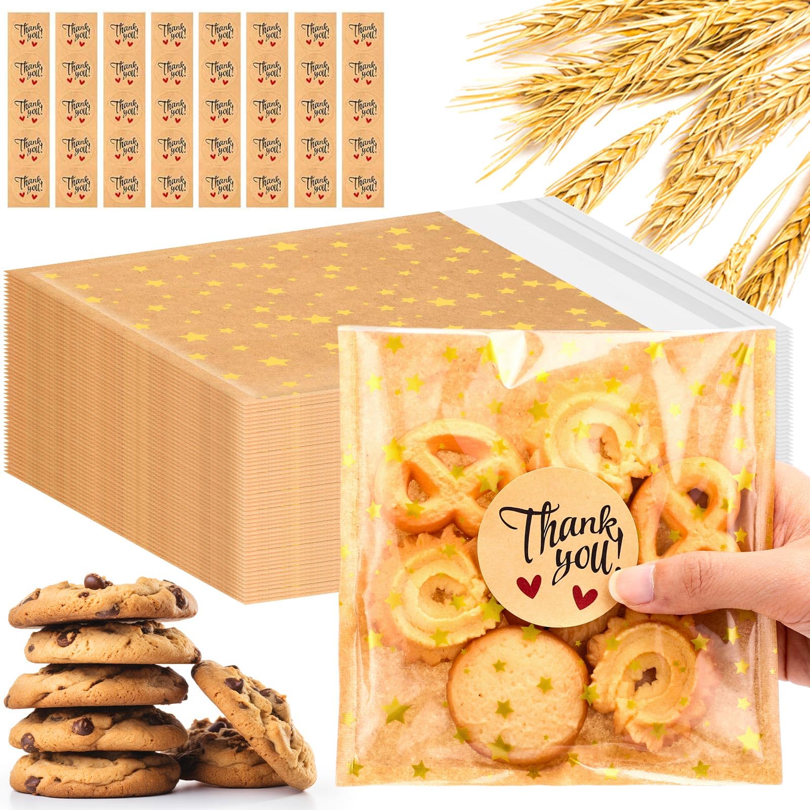 50 Pcs Self Adhesive Cookie Bags 5.5x5.5'' Star Clear Plastic Candy Treat Bag with Thank You Sticker for Gift Giving Birthday Wedding Party Bakery Biscuit Chocolate Snack Dessert Packaging