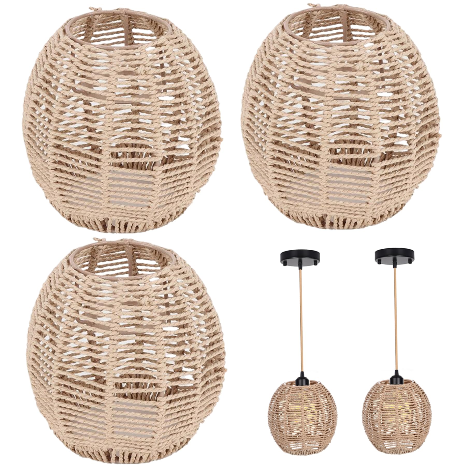 Pantalla de lámpara Boho, 3 uds., pantalla de lámpara de ratán con cuerda de papel, luces colgantes tejidas Vintage para restaurante, hogar