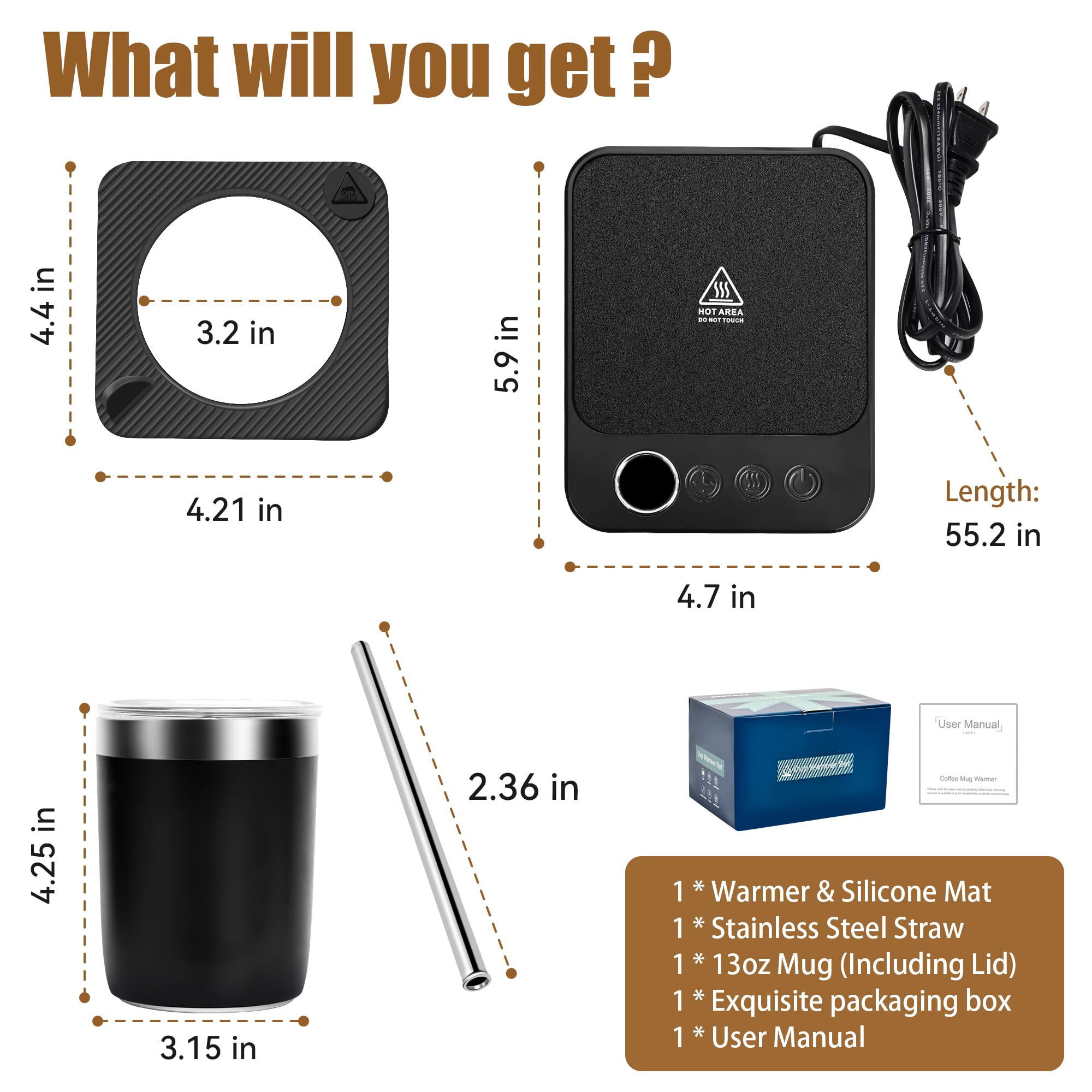 Calentador de taza de café de 13 onzas y popote de acero inoxidable, calentador eléctrico de taza inteligente de 36 W, 6 ajustes de temperatura, temporizador de 12 horas, regalos para mujeres y 3