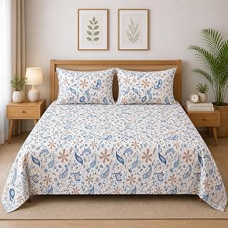 Queen Size 1 Bedsheet + 2 Pillow Covers 100% Cotton Bedsheet Set Soft, Breathable,Preshrunk Fabric with Colour-Fast Reactive Prints, All Season Bedding (Pastel Paisley)