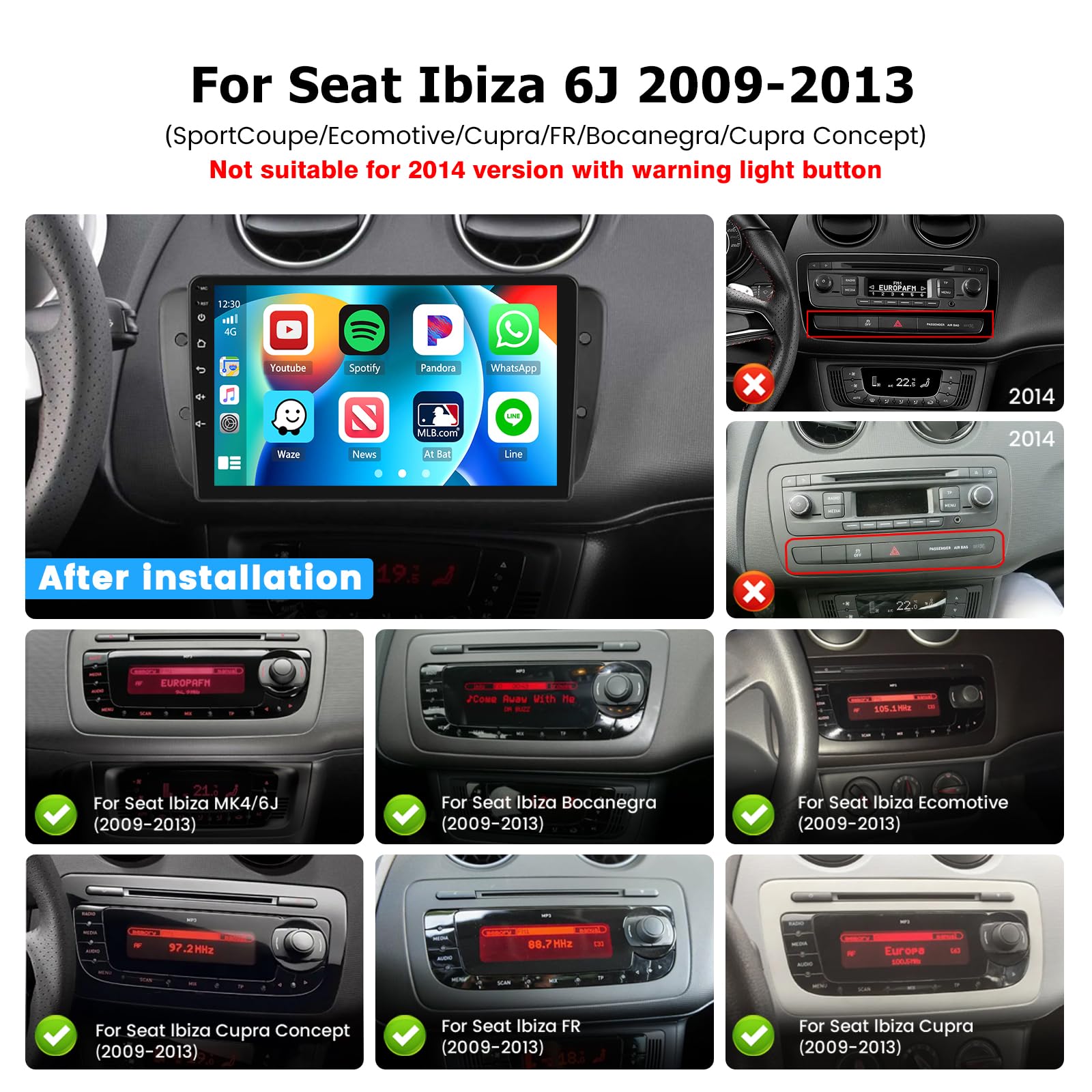 Autoradio para Seat Ibiza 6J 2009-2013 con Wireless CarPlay Android Auto