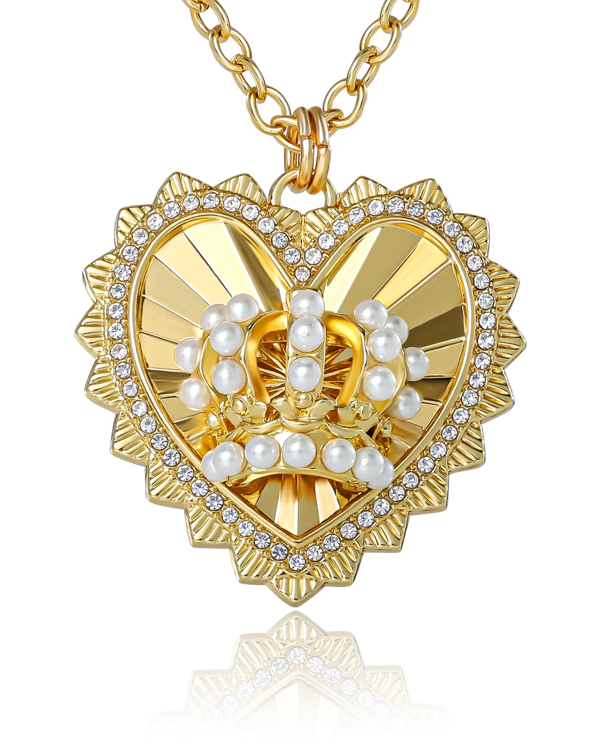 Juicy Couture Logo Crown Heart Necklace for Women, 20"+2" Gold-Tone with Crystals and Faux Pearls