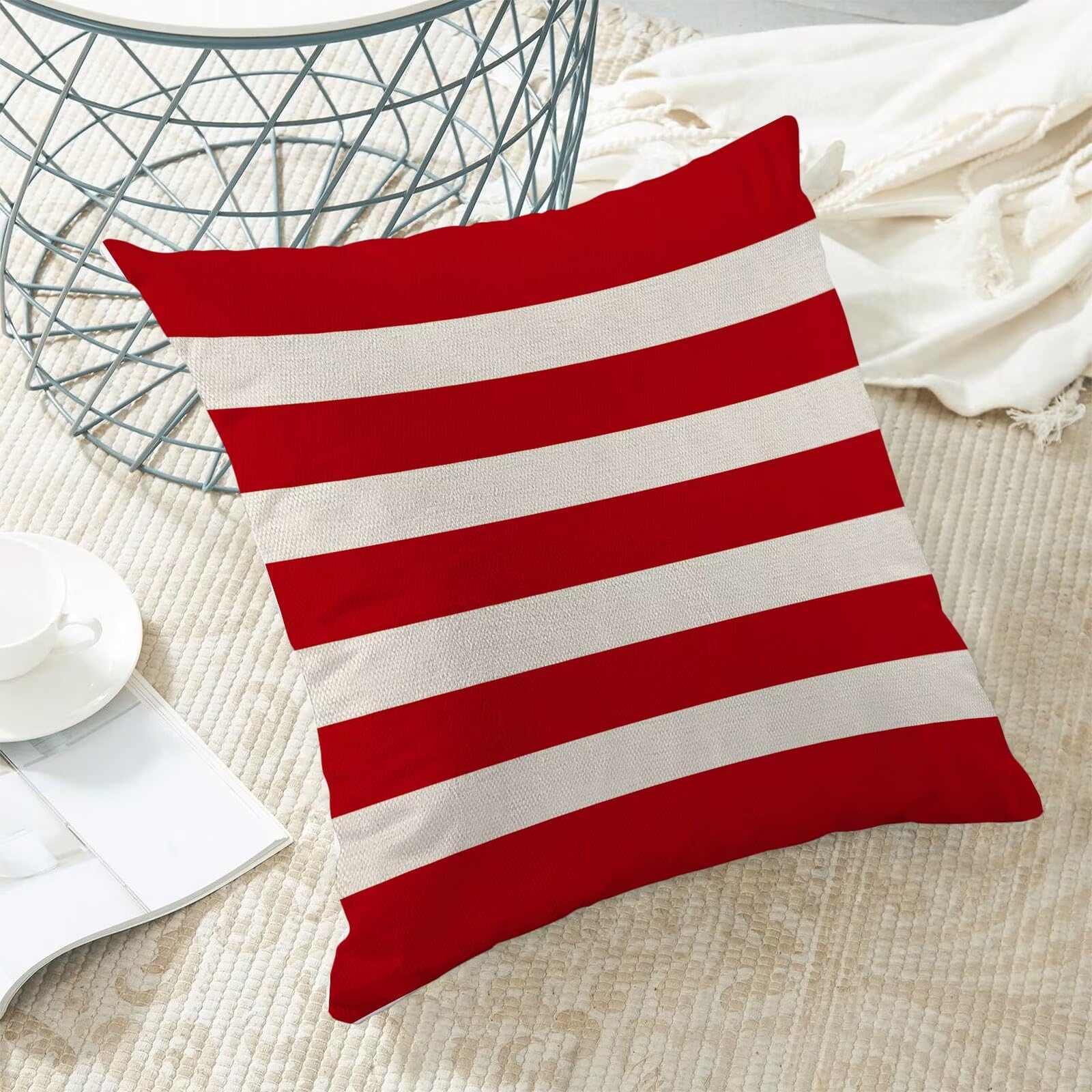 4th of July Patriotic Throw Pillow Covers 18x18 Inch Set of 2, Memorial Day Red Stripe Decorative Pillow Covers Independence Day Outdoor Cushion Cover for Sofa Couch Farmhouse Room Bed Decor 3