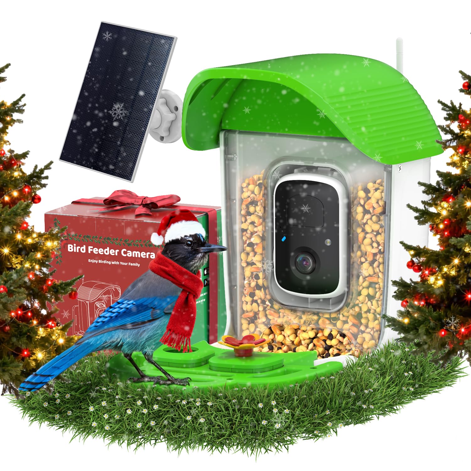 Smart Bird Feeder with Camera Solar Powered, AI Identify 11000+ Birds Species,2K Video Bird Feeder for Outdoors Garden,1L Large Capacity, for Birdlover,Green
