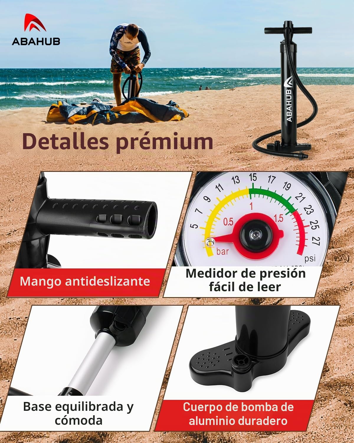Abahub Bomba de Sup Bomba Manual Doble Carrera Bomba Aire Surf para Inflado para Tabla de Remo Tabla de Paddle Surf Tabla de Remo de Pie-Bomba de Alta Presión de Doble Acción con Manómetro