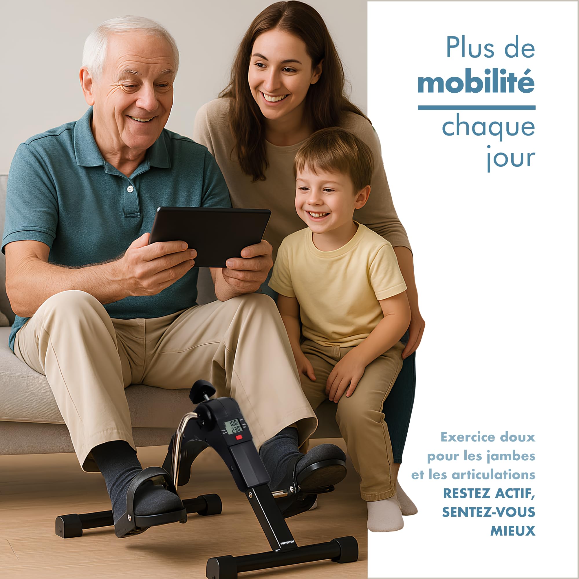 PORTENTUM Pedalier d’Appartement Senior – Pliable – Écran LCD 5 Fonctions – Mini Velo Bras et Jambes Compact avec résistance réglable – Design Portable pour Sport Maison