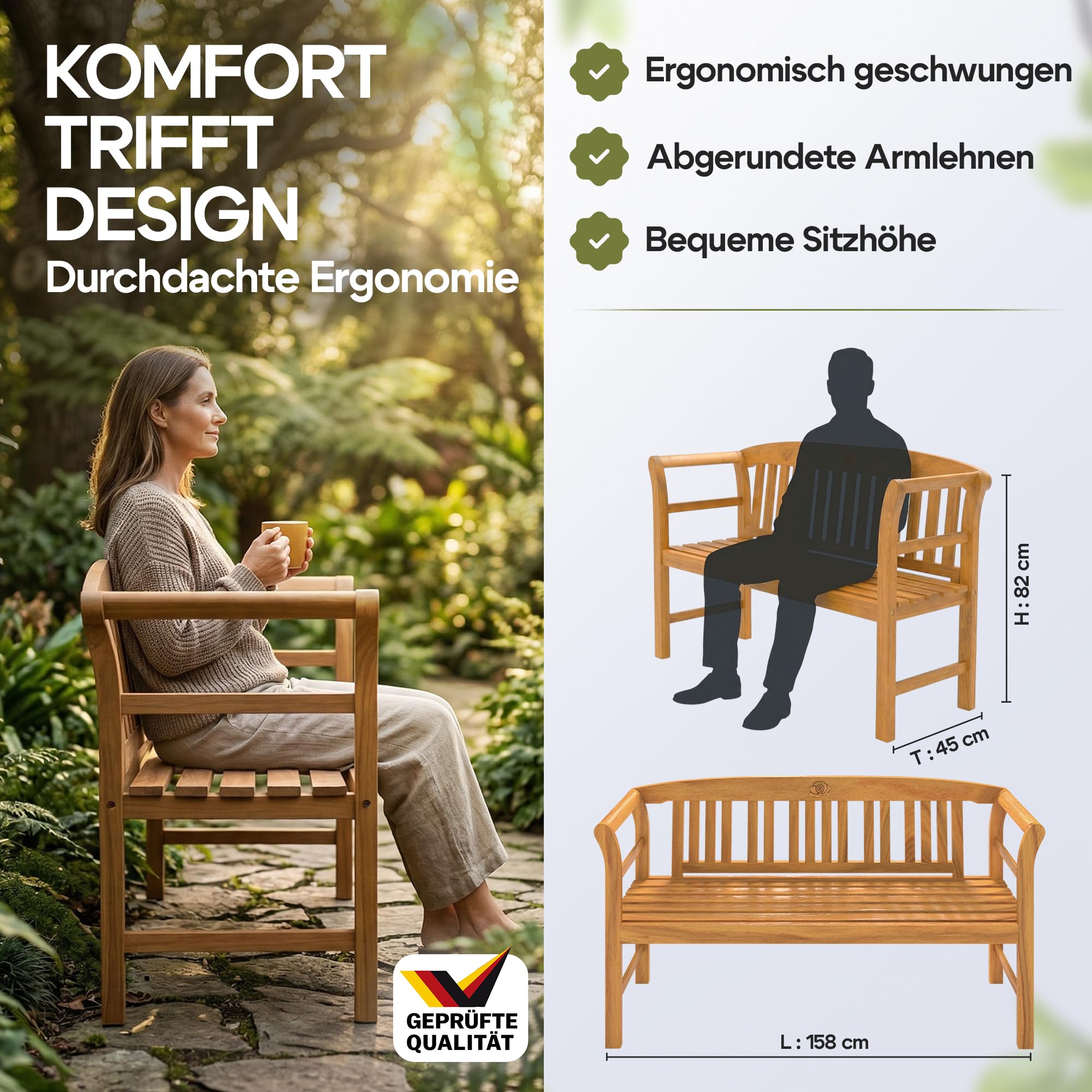 Casaria® Gartenbank FSC®-Zertifiziert Wetterfest | 158x43cm, Holz, 480kg Belastbarkeit, 3-Sitzer, Armlehne, Rückenlehne, Garten, Balkon, Eukalyptus, braun
