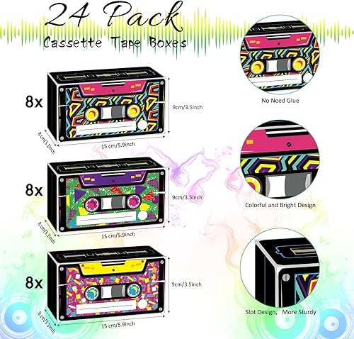 Miniatura 2 de Funrous 24 cajas de recuerdo de los años 80 y 90, regalo de radio retro de regreso a los años 80, cinta de casete de caramelos, cajas de papel de