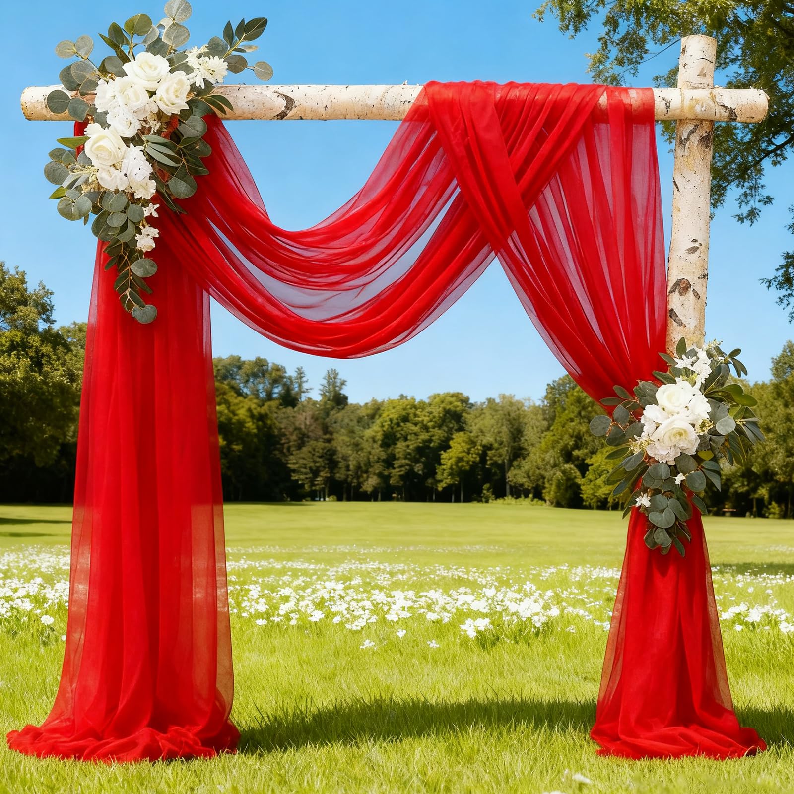 Alaoo Hochzeit Vorhang Deko, Hochzeitsbogen Gardinen 3M*160CM, Querbehang Deko Tüll Foto Hintergrund, Kulissenvorhänge Hochzeitsdeko für Hochzeit Torbogen Zeremonie Fotografie Party（Rot）