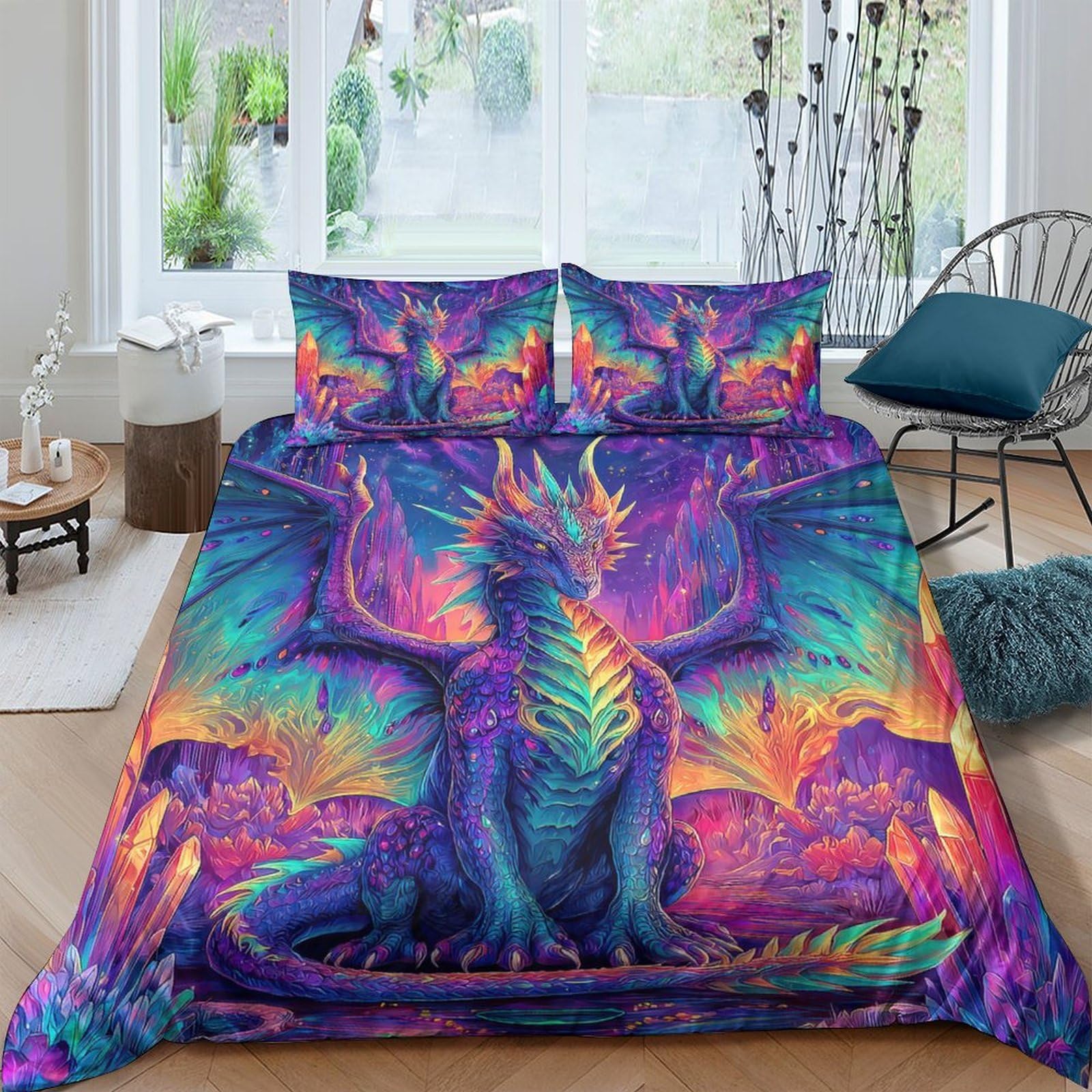 Ctjqhvkz Style-4 3D Printed Neon Dragon Fitted Sheet Microfiber Soft Decor Vibrant Fantasy Mattress Cover For Bedroom Guest Room Dorm Single（135X200cm）