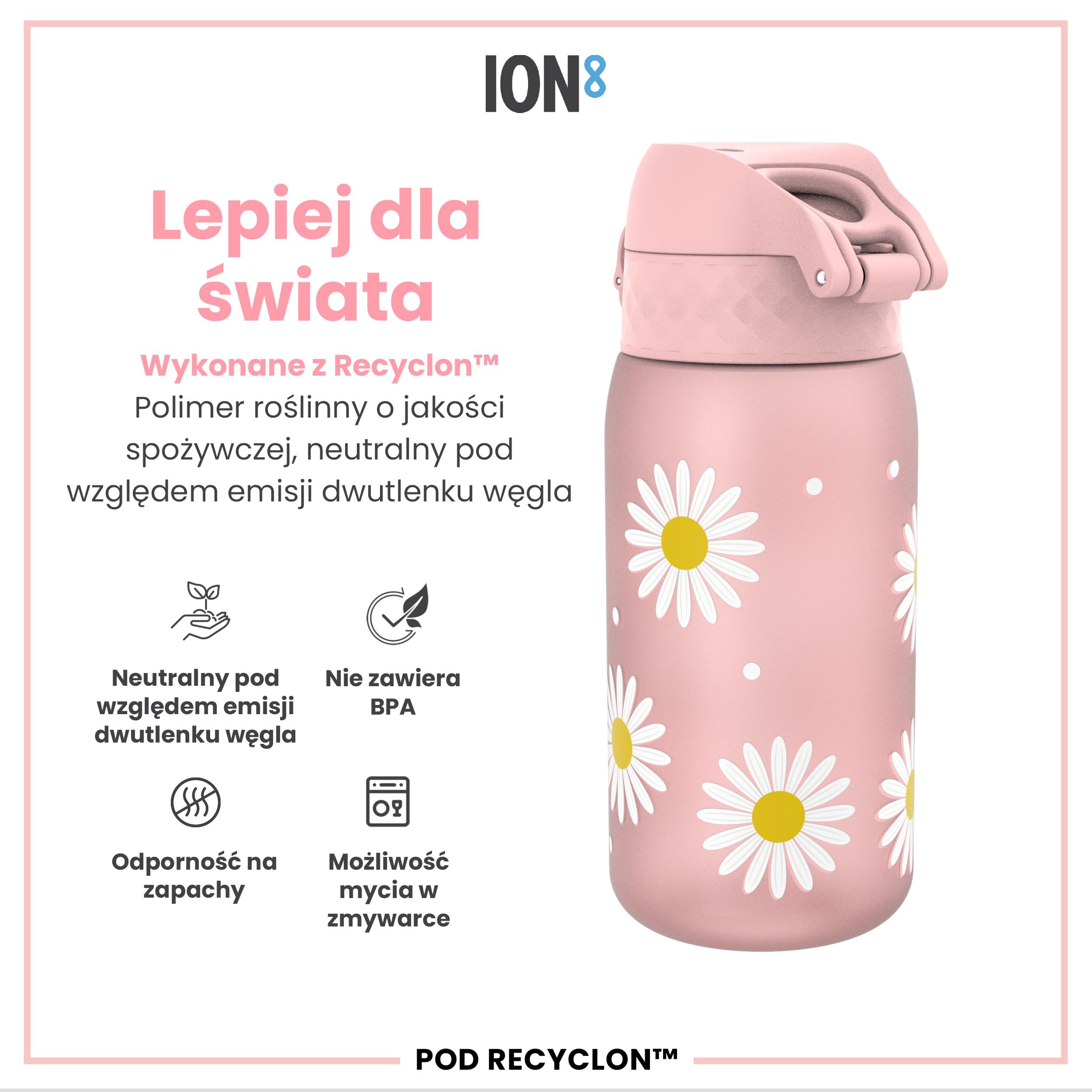 ION8 Butelka dla Dzieci, 350 ml/12 oz, Szczelna, Łatwa do Otwarcia, Bezpieczny Zamek, Można Myć w Zmywarce, Bez BPA, Uchwyt do Przenoszenia, Łatwa do Czyszczenia, Bezwonny, Stokrotki