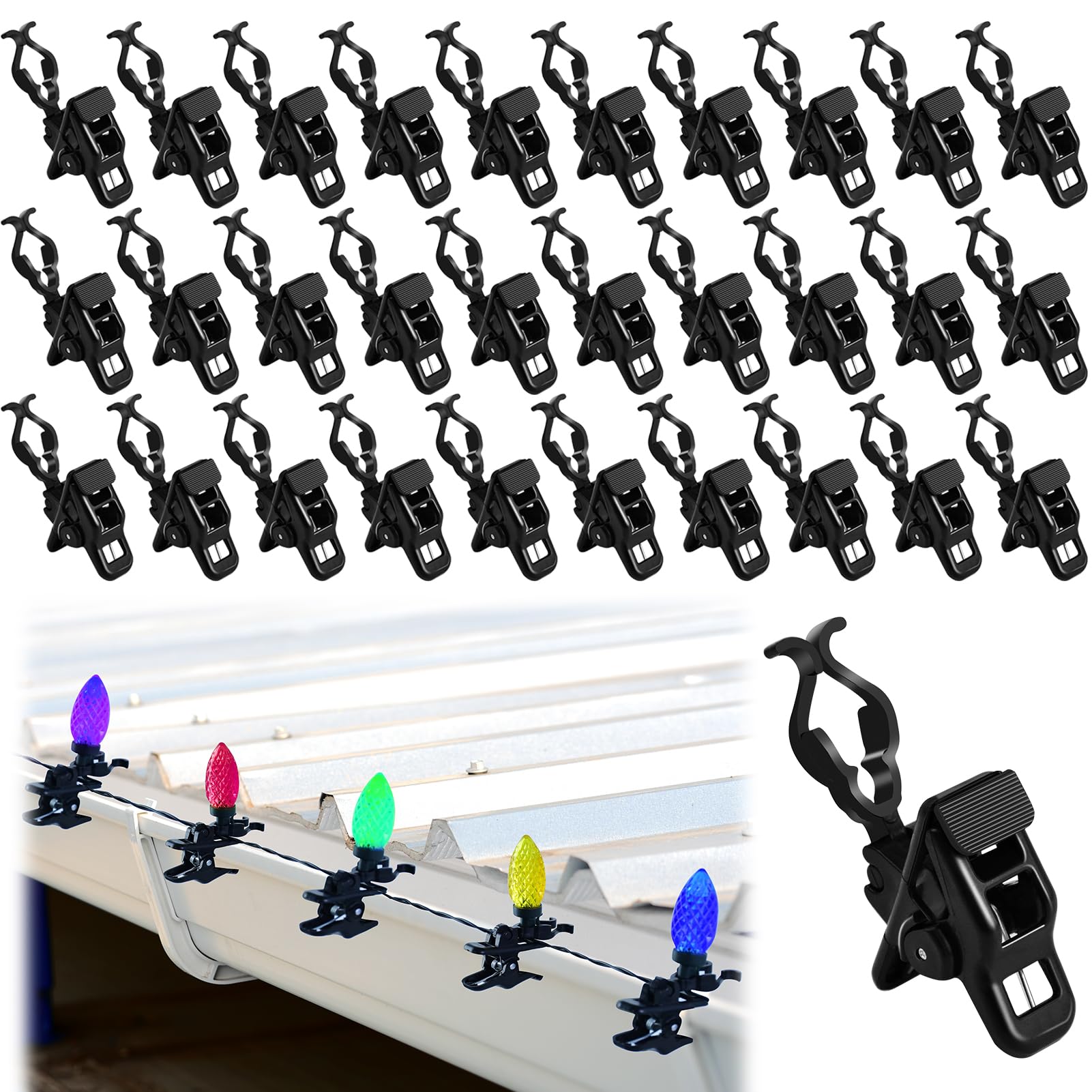 BEHAHAI 30PCS Christmas Lights Spring Clips C7 C9 Universal Holiday Light Clips for Outside String Lights Gutter&Shingle Light Clips Spring Loaded Outdoor Holiday Light Hooks for Holiday Decorations