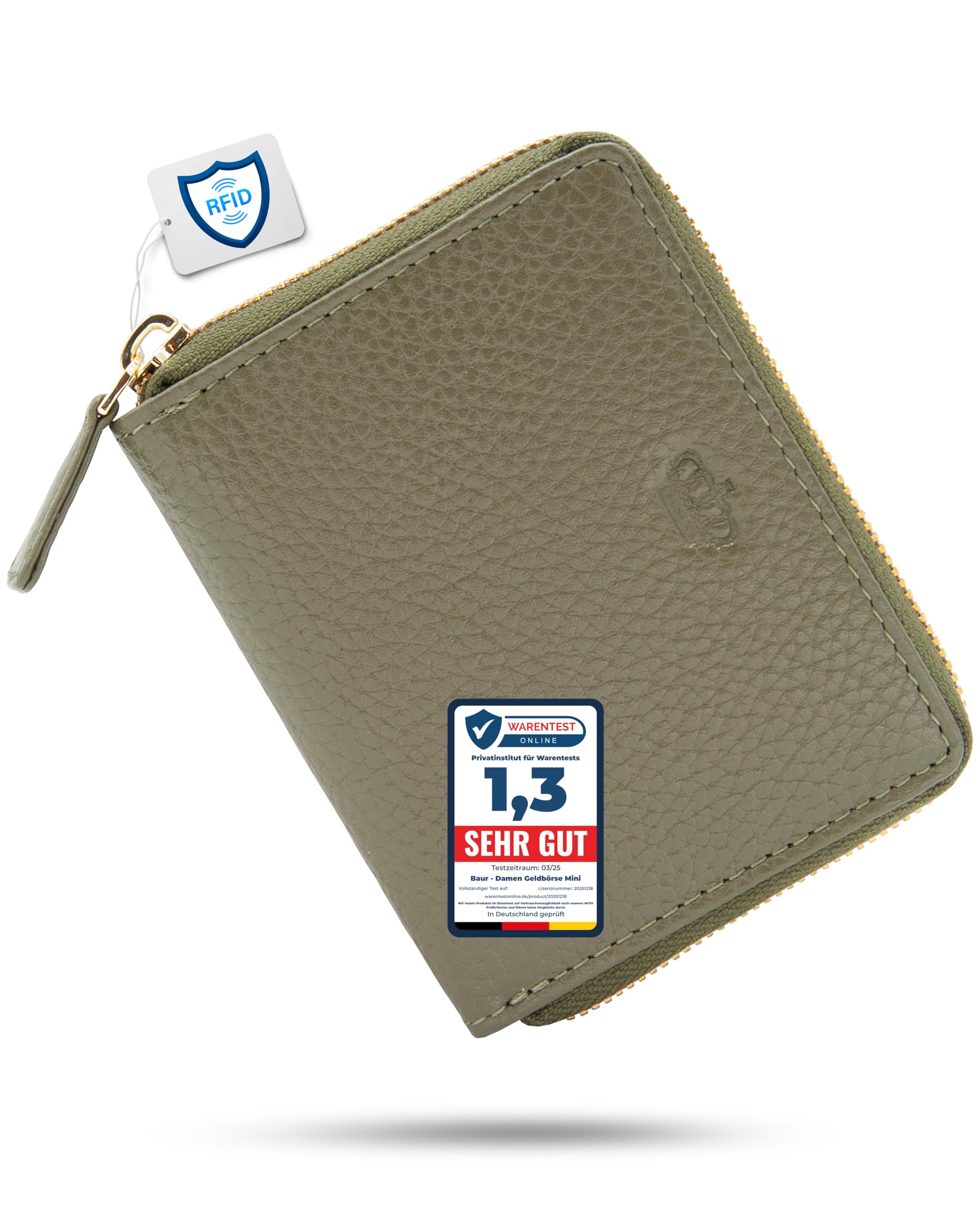 Baur Women's Genuine Leather Wallet, Mini Wallet with RFID Protection, Small Wallet with 6 Card Slots, Note and Coin Compartment, All-Round Zip, olive, 12 x 9 x 2 cm, Gold zip
