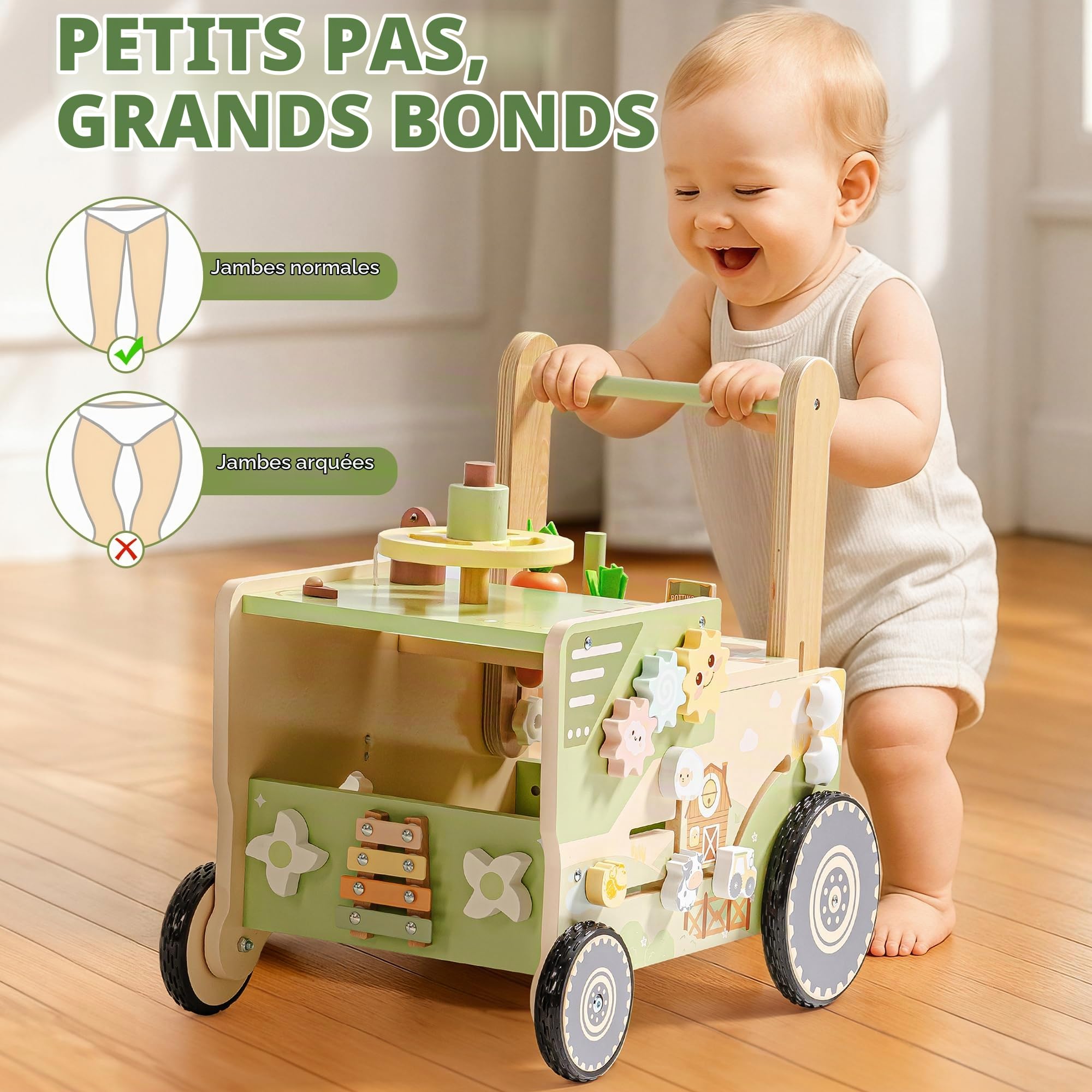 ROBUD Trotteur pour Bébé de 1 à 2 Ans, Trotteur En Bois à Roulettes Sur Le Thème De La Ferme, Jouet D'éveil Montessori Cadeau Pour Bébés de Plus 10 Mois (Vitesse Et Hauteur RéGlables)