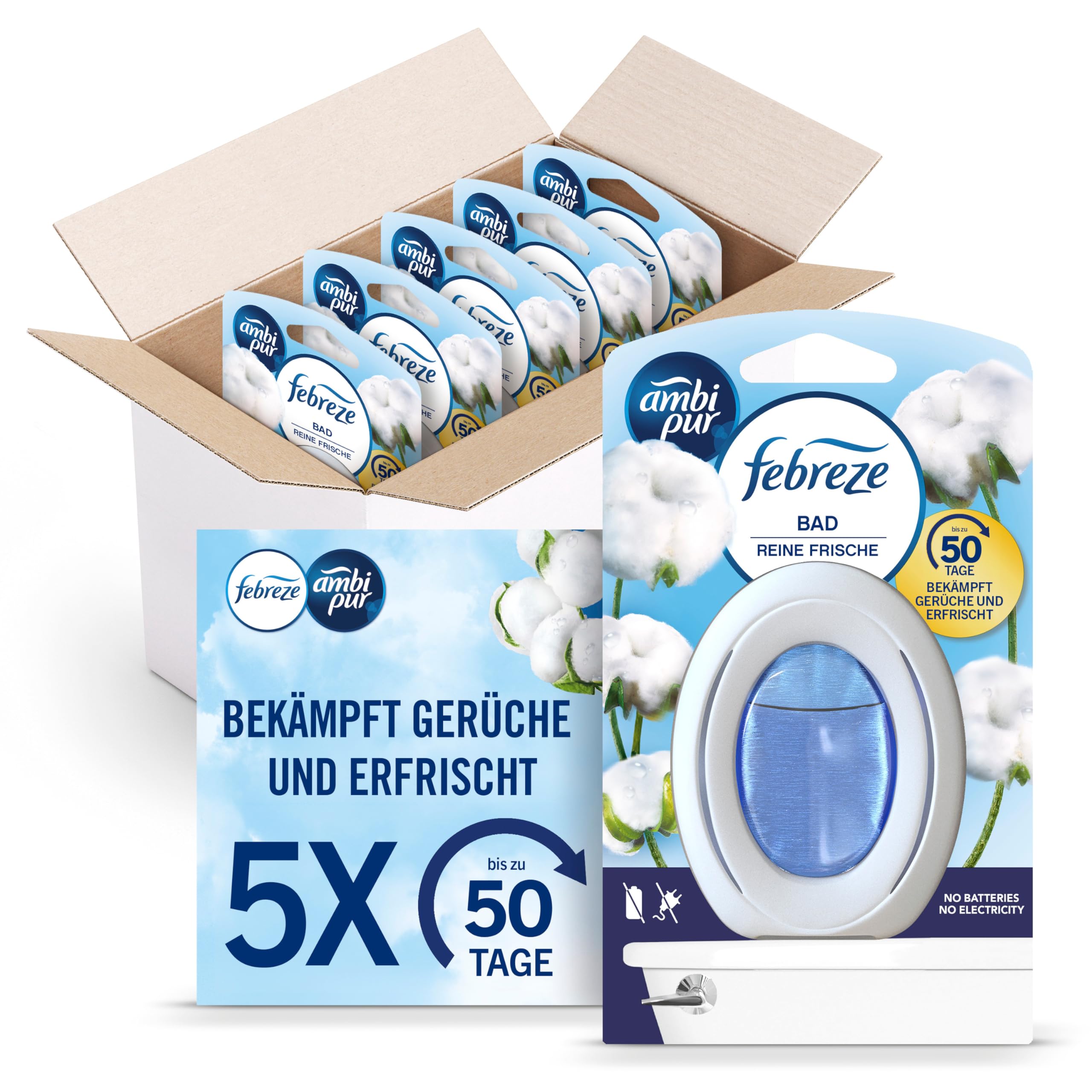 Febreze Bad Lufterfrischer, Reine Frische, 5 Stück, Kontinuierliche Geruchsbekämpfung und -verhinderung für Badezimmer