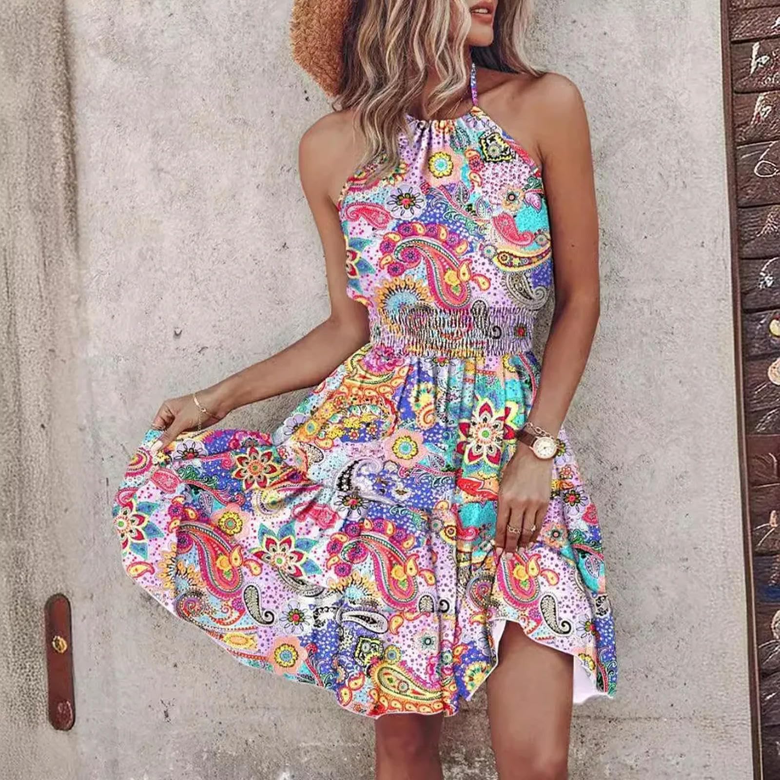 Gonne da Donna Summer Floral Stampa Mini Abiti da Donna Abiti da Uomo per Donne Abiti da Vacanza da Spiaggia Senza Maniche Casual Damigie Boho Dames Boho