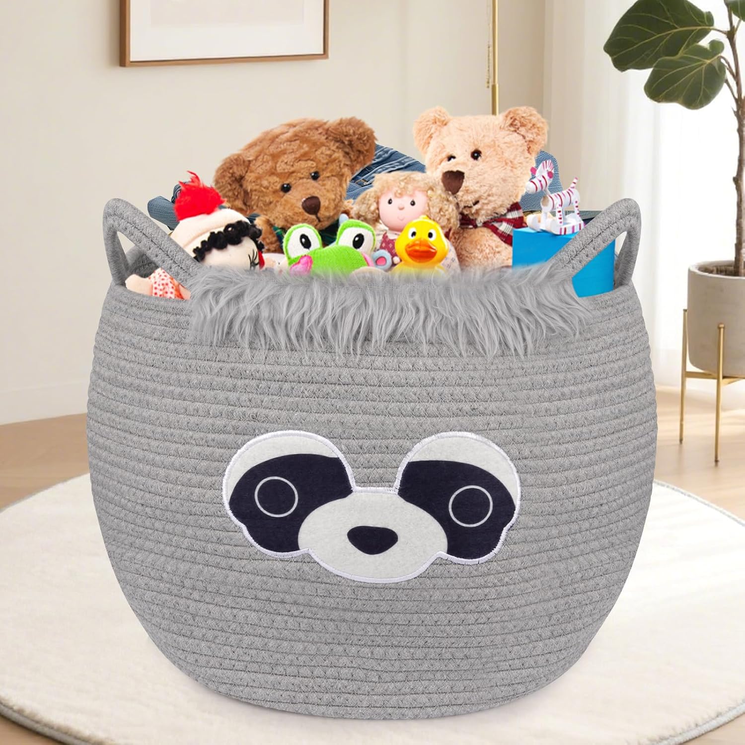 Large Basket for Nursery, Raccoon Blanket Gift Basket, Woven Rope Cotton Storage, Baby Bear Laundry 0rganizer with Ears Handles, Cute Animal Baskets Clothes Gifts Decor Storage Bins,13"D×12"H - Image 6