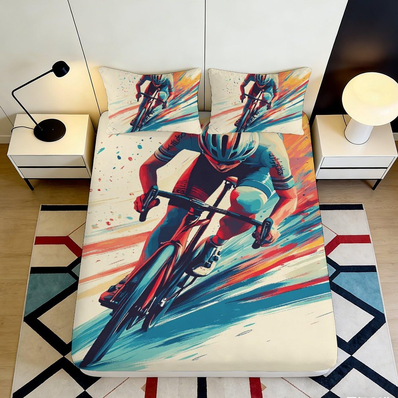 3D Printed Cycling Pattern Fitted Sheet Microfiber Elastic Hem Non-Slip Deep Pocket Cycling Mattress Fitted Cover for Bedroom 160x200x25cm