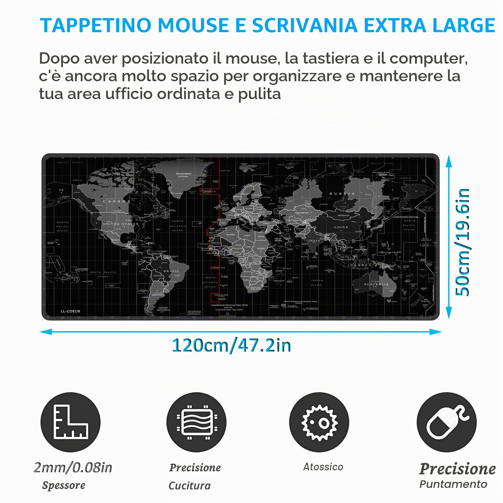 LL-COEUR XXL Gaming Tappetino per Mouse Pad Mappa del Mondo Computer Scrivania Mat (1200 x 500 x 2 mm)