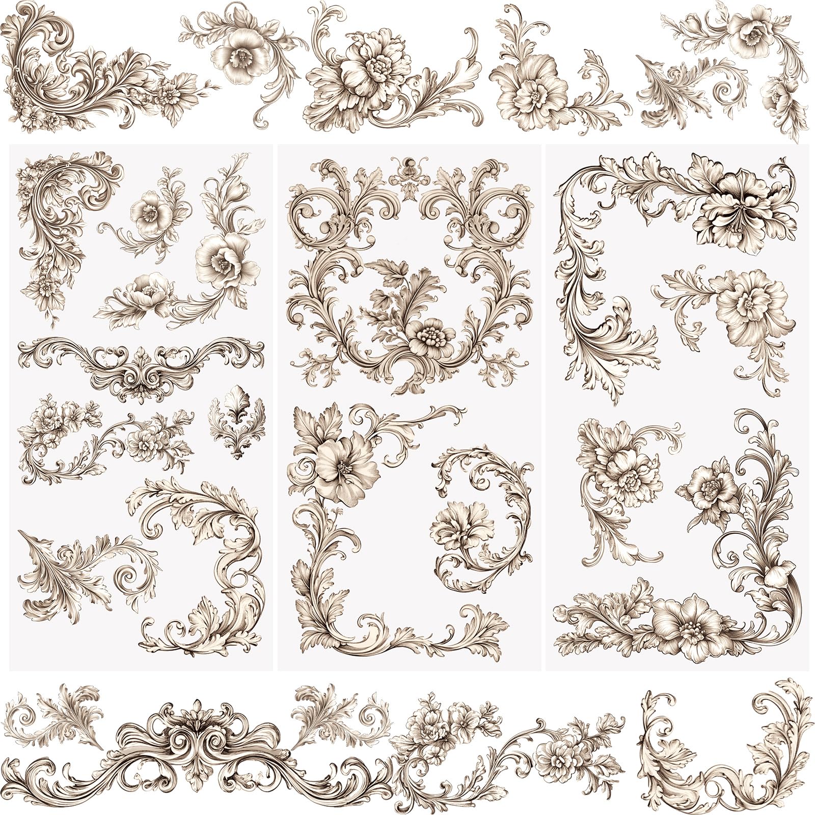 WANDIC 3 Sheets Rub on Transfer Stickers, Vintage Flower Border Furniture Transfer Stickers for DIY Scrapbook Photo Album Cabinet,15 * 30cm